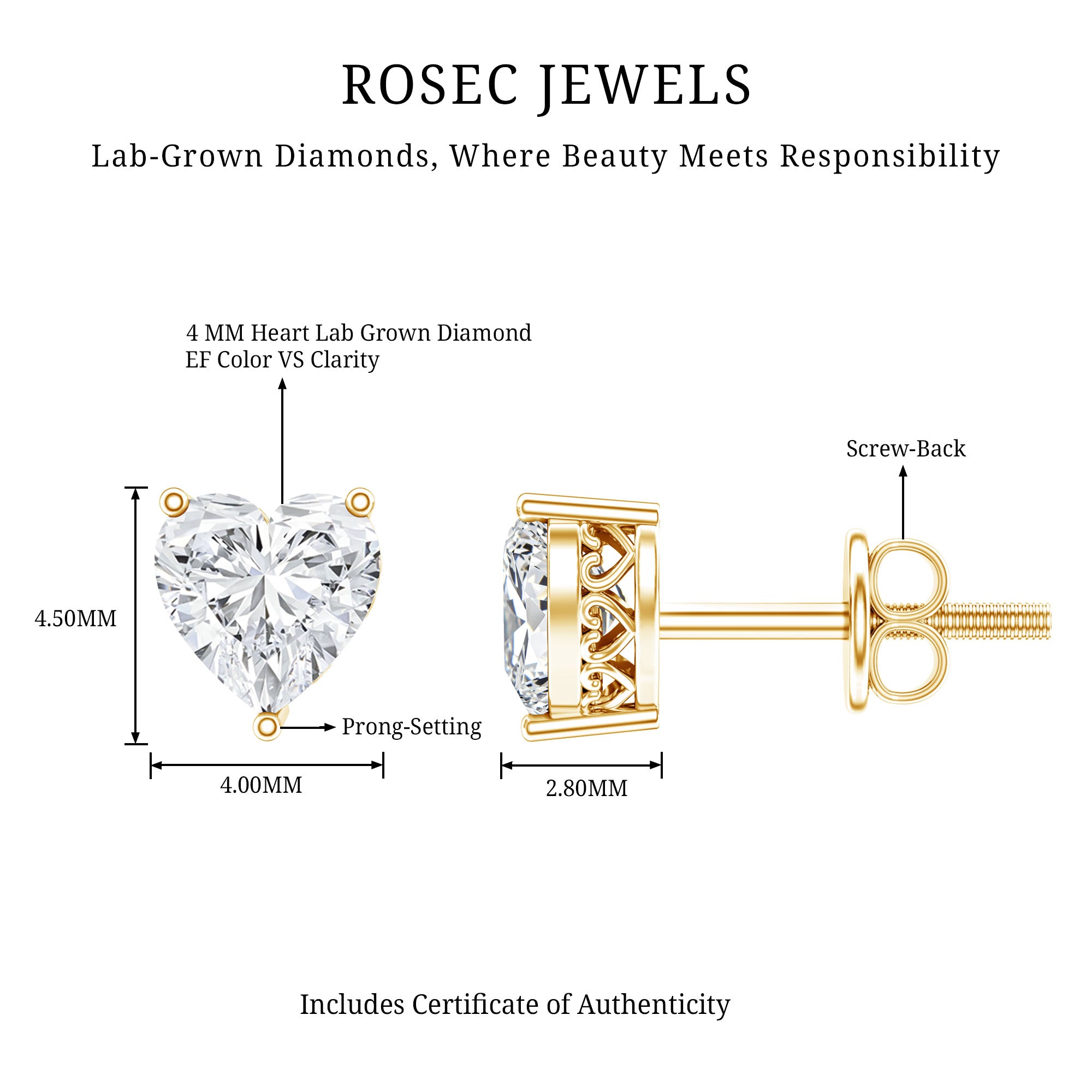 Certified Real Diamond Heart Shaped Earrings with Screw Back Lab - ( EF-VS ) - Rosec Jewels