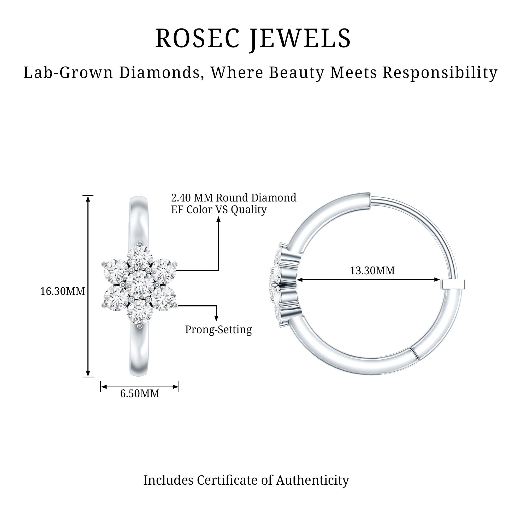 Diamond Flower Hoop Earrings For Her Lab - ( EF-VS ) - Rosec Jewels