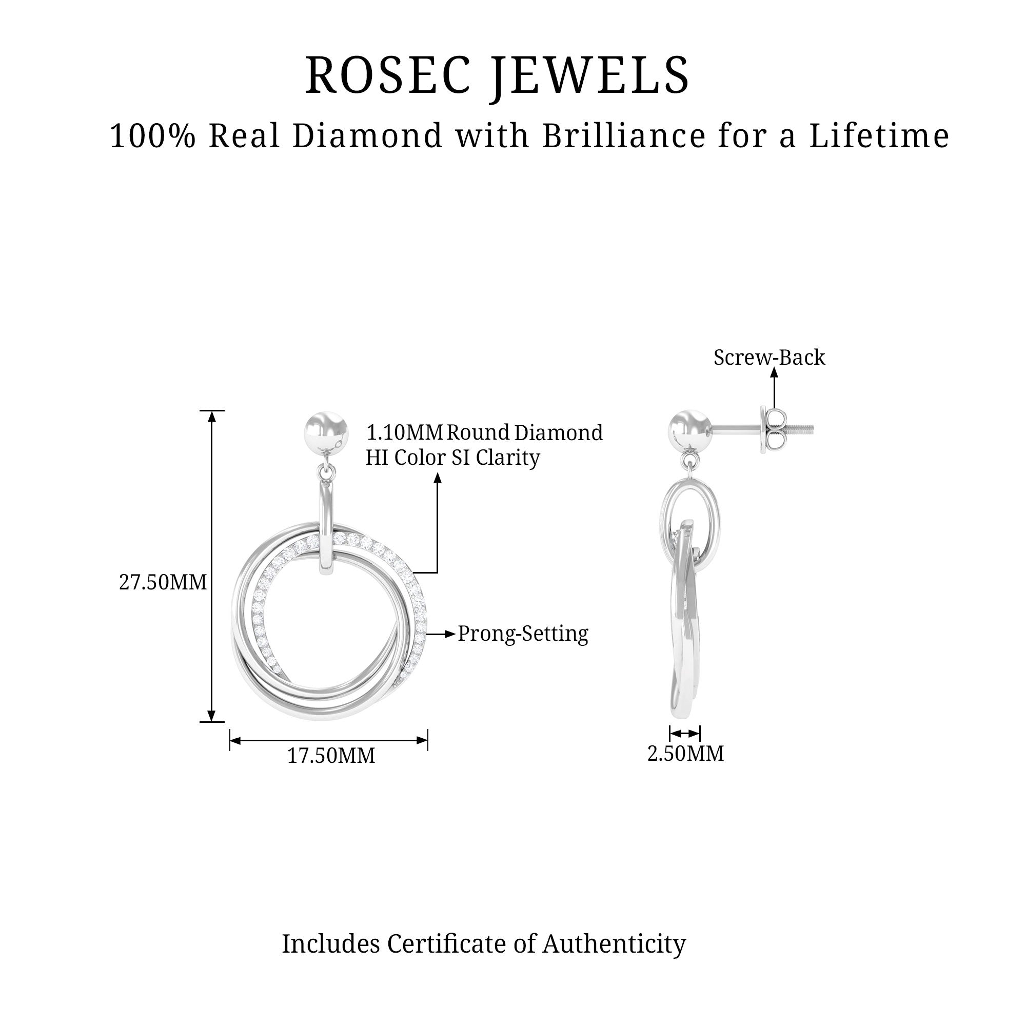 Rosec Jewels-Simple Gold Diamond Drop Earring with Screw Back Closure