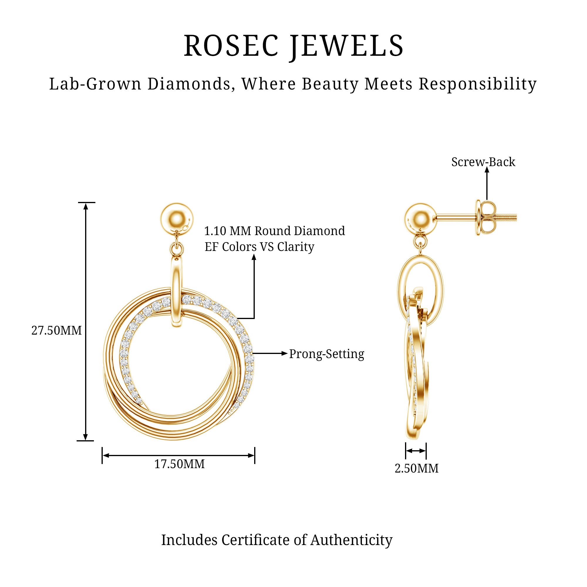 Round Cut Diamond Drop Earring with Screw Back Closure Lab - ( EF-VS ) - Rosec Jewels