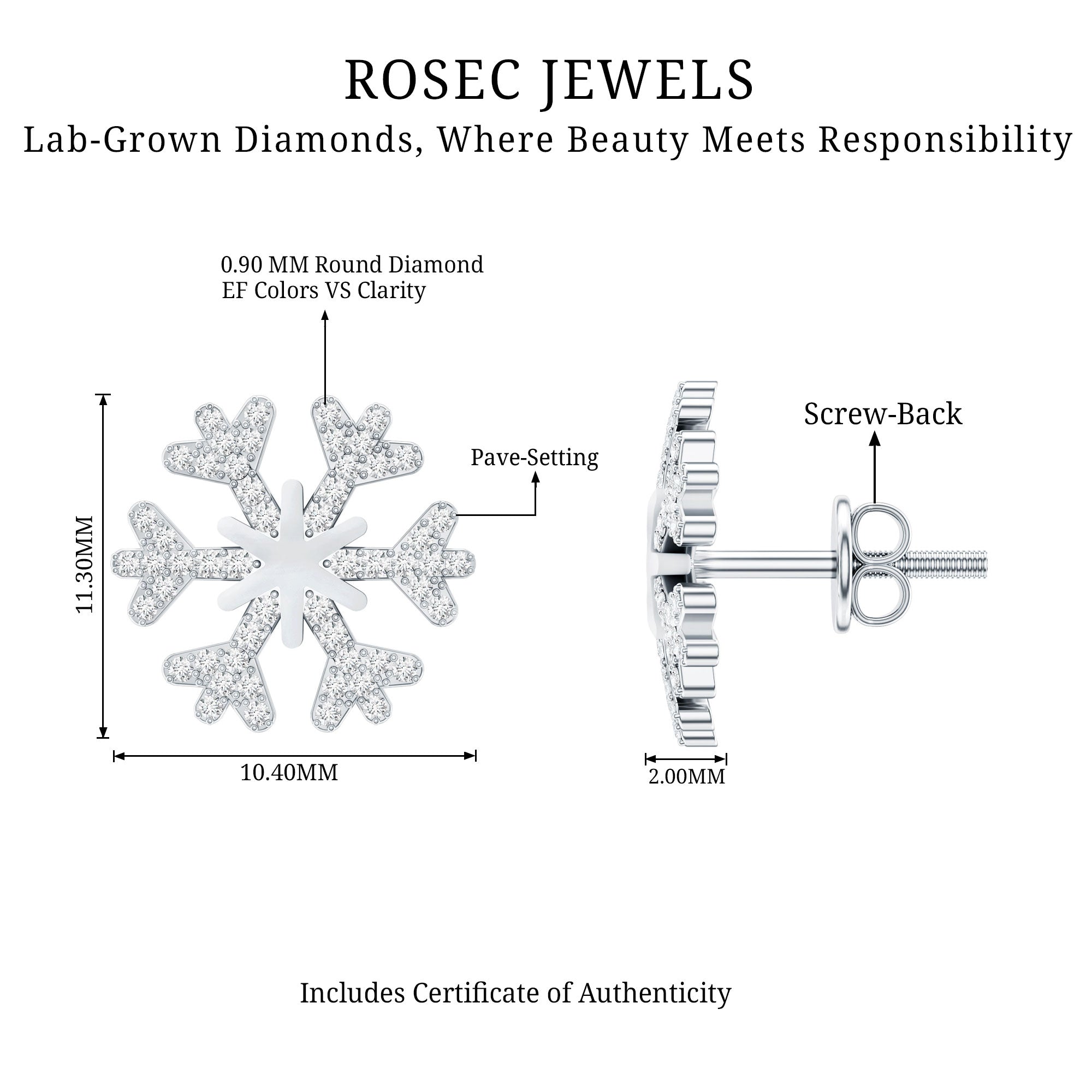Natural Diamond Snowflake Earrings with Screw Back Lab - ( EF-VS ) - Rosec Jewels