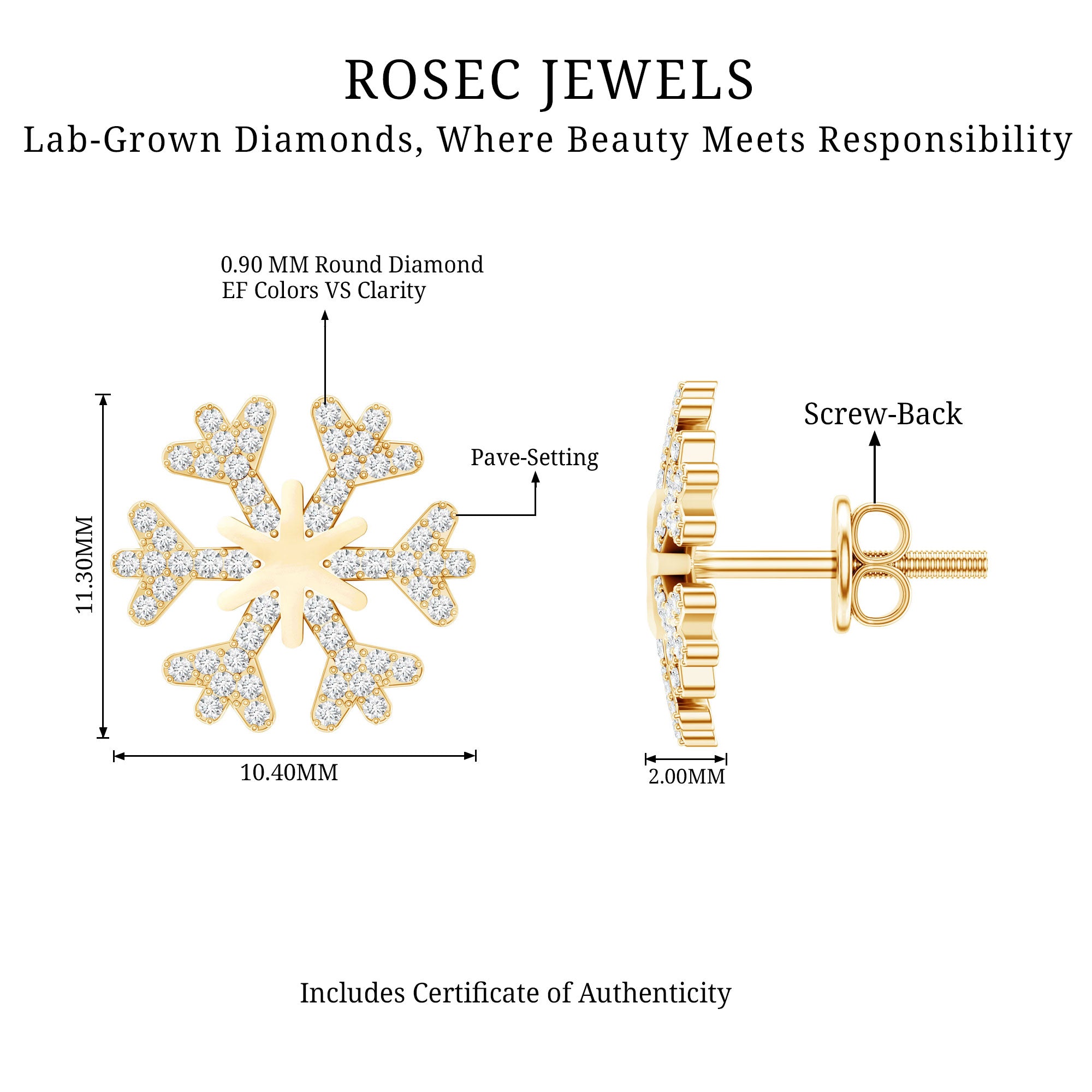 Natural Diamond Snowflake Earrings with Screw Back Lab - ( EF-VS ) - Rosec Jewels