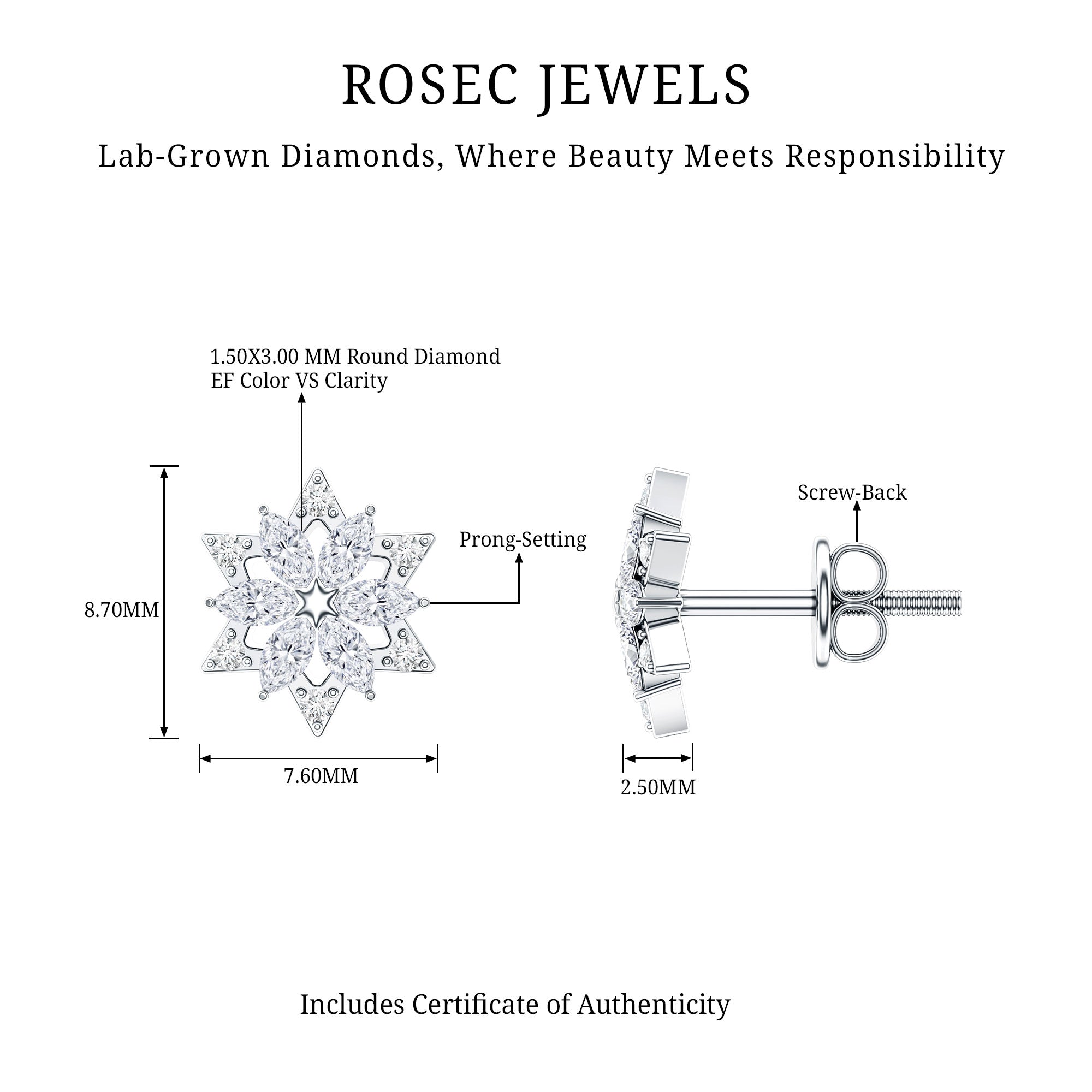 Round Diamond Flower Stud Earrings With Screw Back Lab - ( EF-VS ) - Rosec Jewels