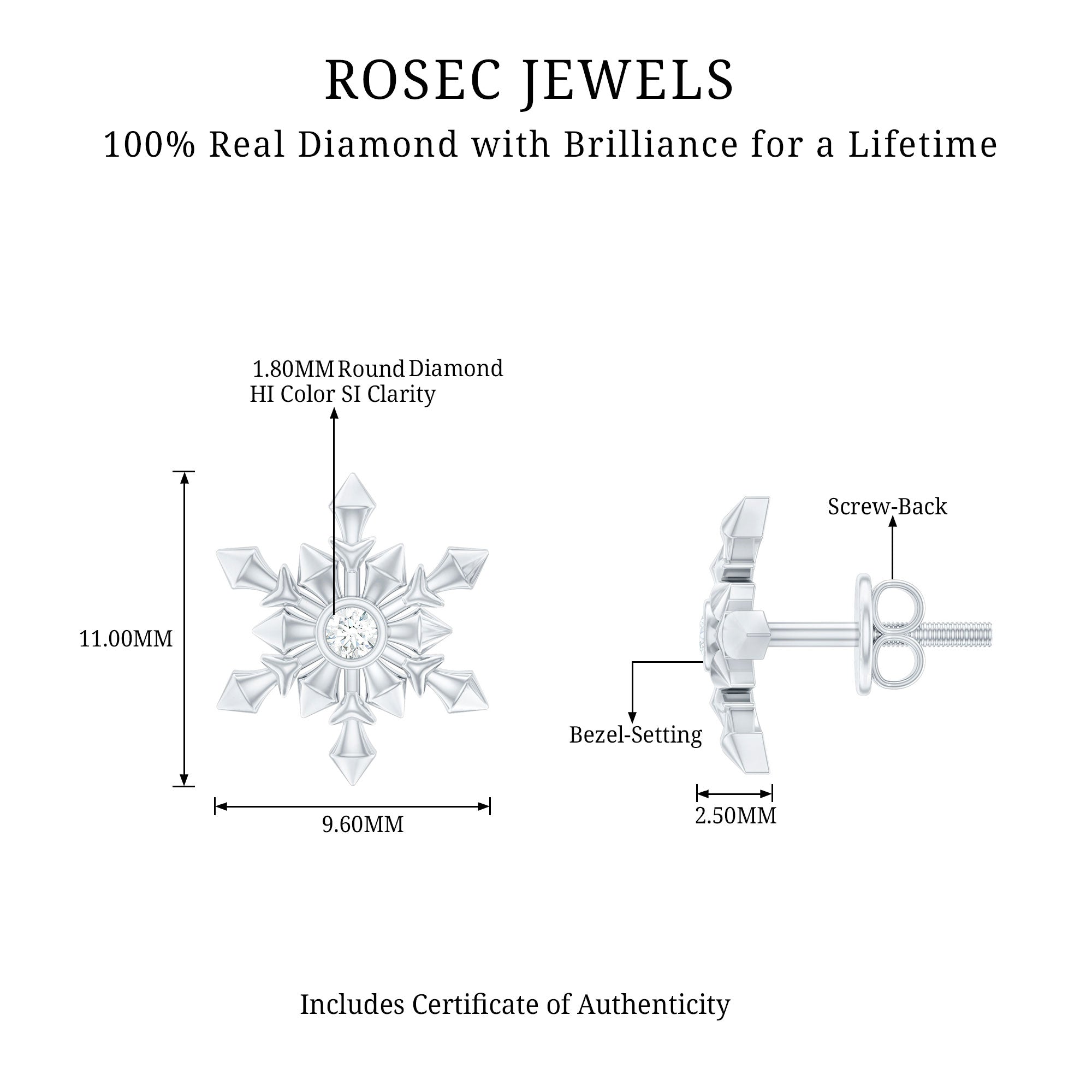 Rosec Jewels-Snowflake Stud Earrings with Bezel Set Diamond