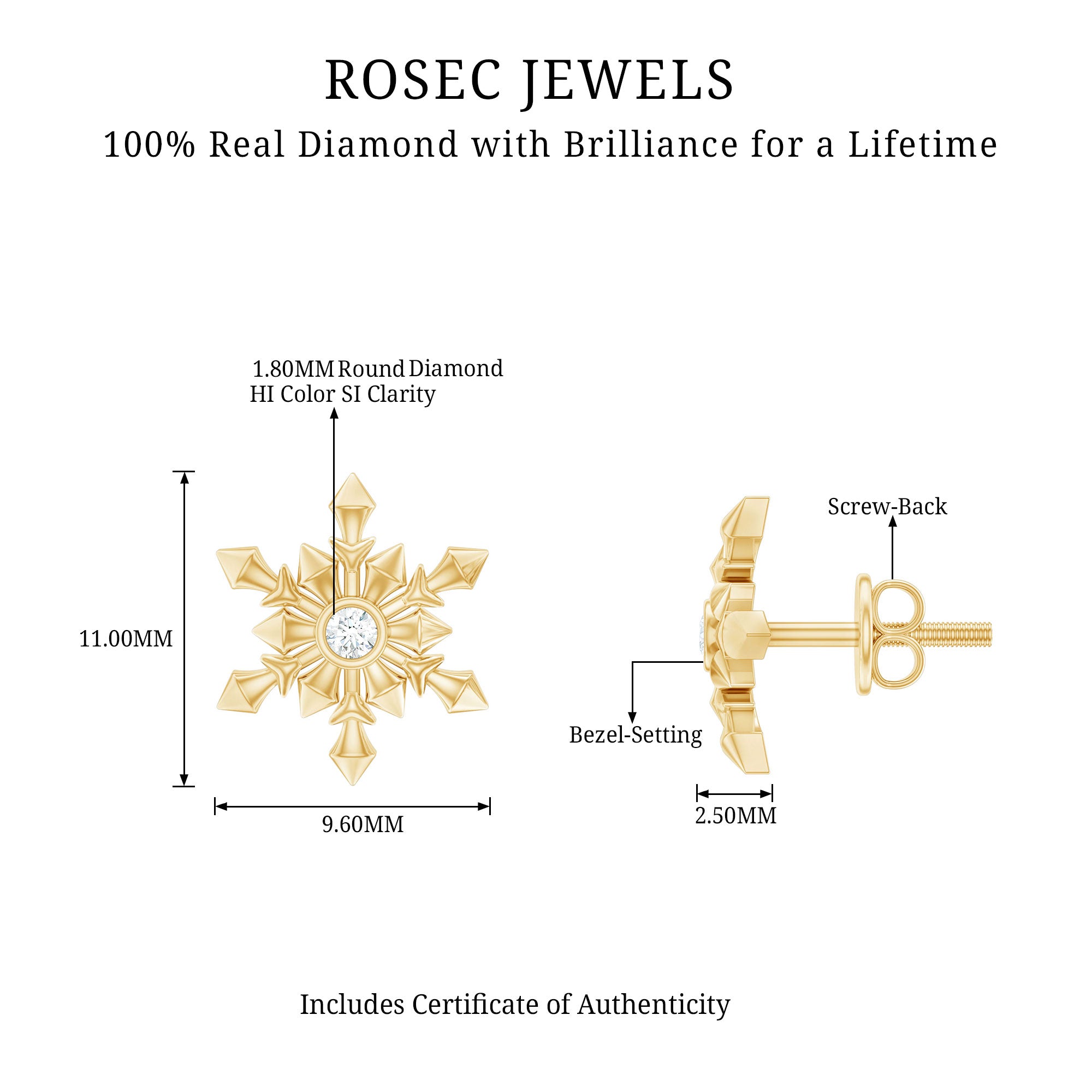 Bezel Set Diamond Snowflake Stud Earrings Lab - ( EF-VS ) - Rosec Jewels