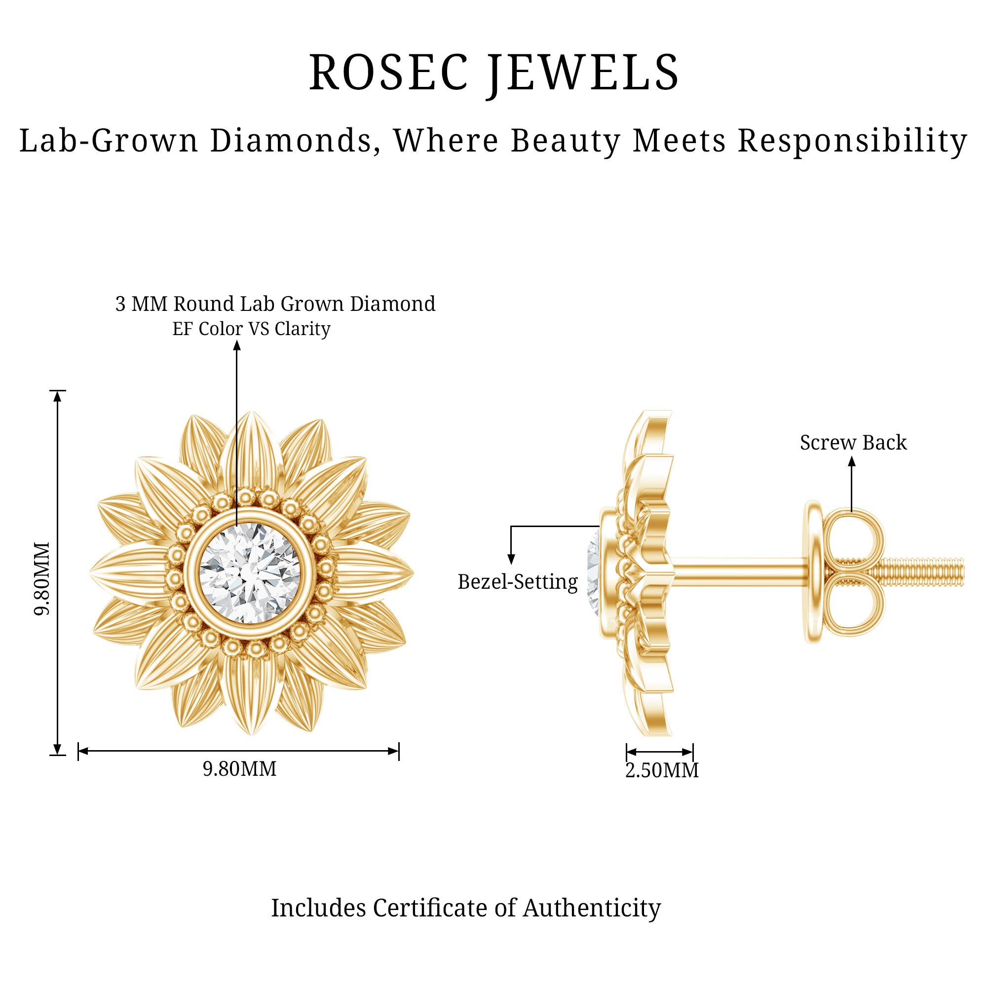 Diamond Sunflower Stud Earrings For Her Lab - ( EF-VS ) - Rosec Jewels