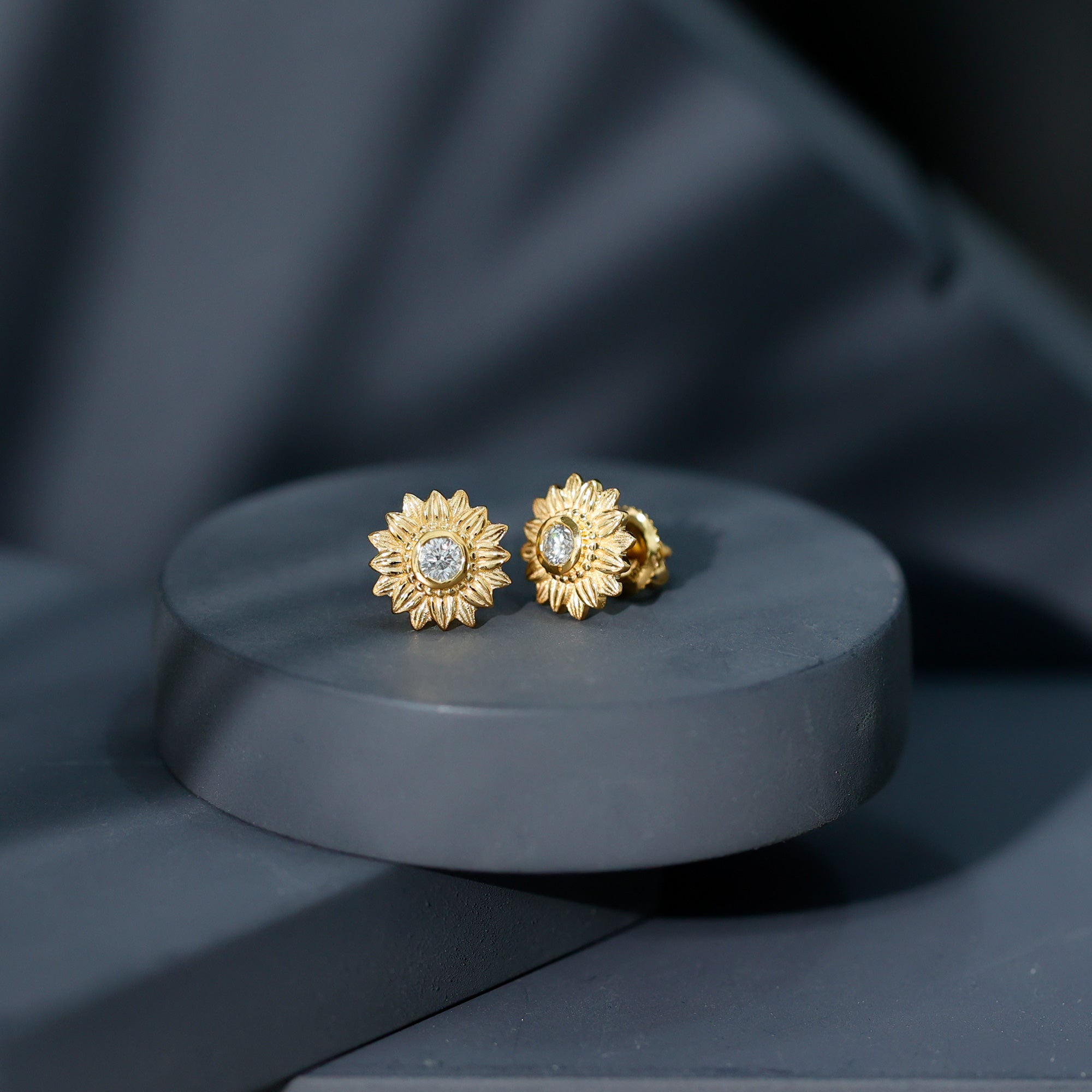 Rosec Jewels-Diamond Gold Sunflower Stud Earrings