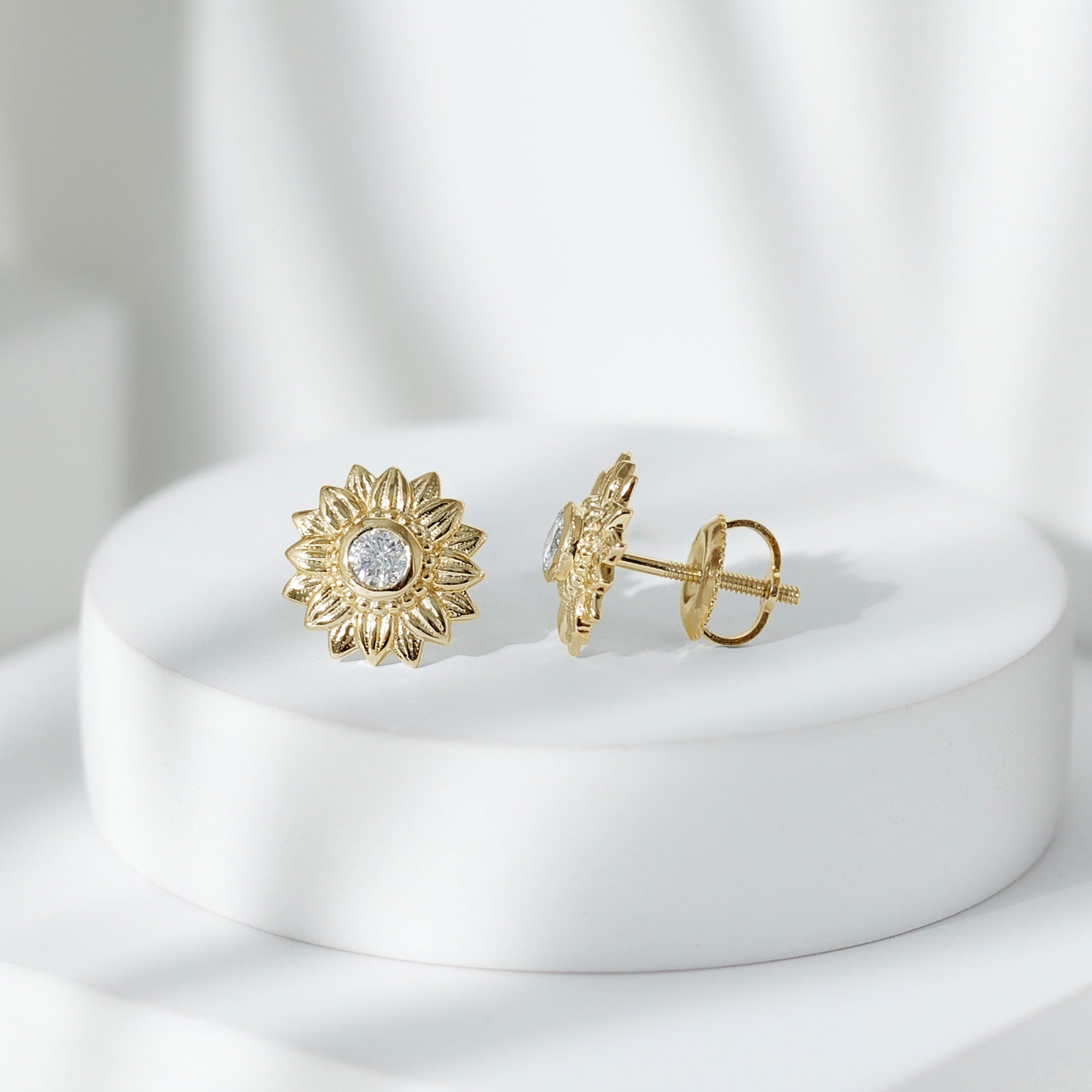 Rosec Jewels-Diamond Gold Sunflower Stud Earrings