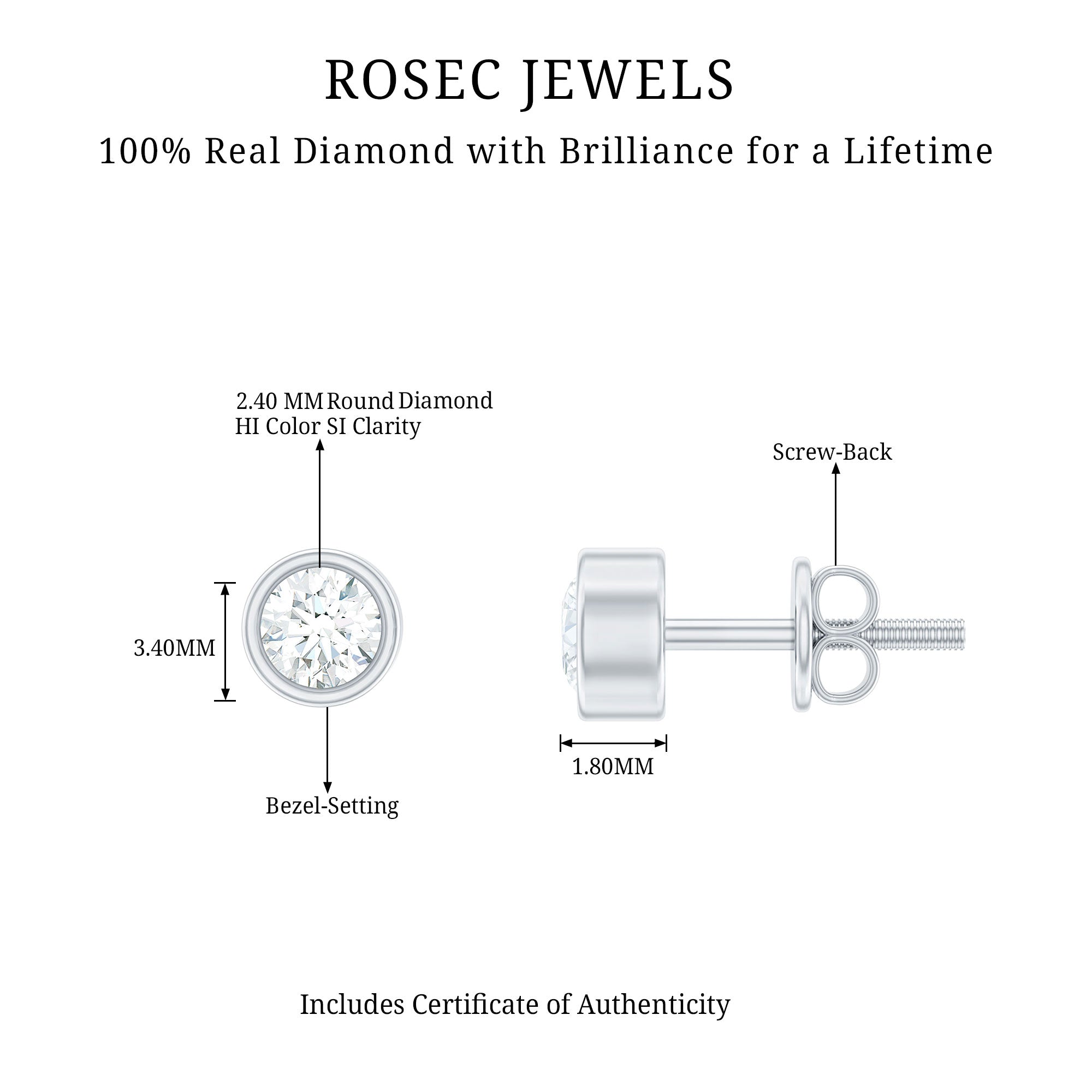 Minimalistic Bezel Set Diamond Stud Earrings Lab - ( EF-VS ) - Rosec Jewels