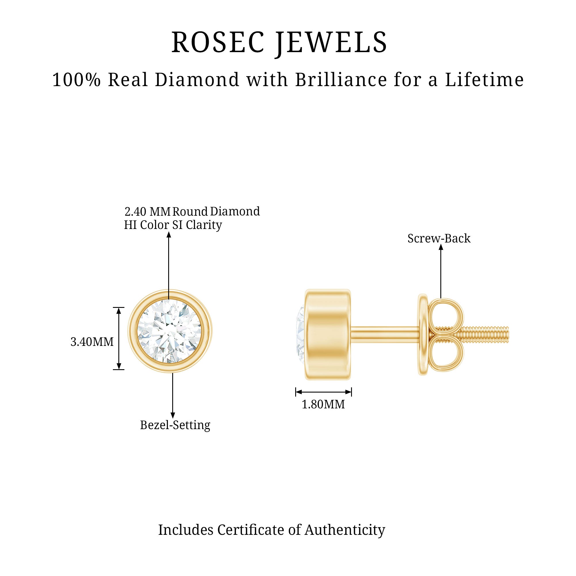 Minimalistic Bezel Set Diamond Stud Earrings Lab - ( EF-VS ) - Rosec Jewels