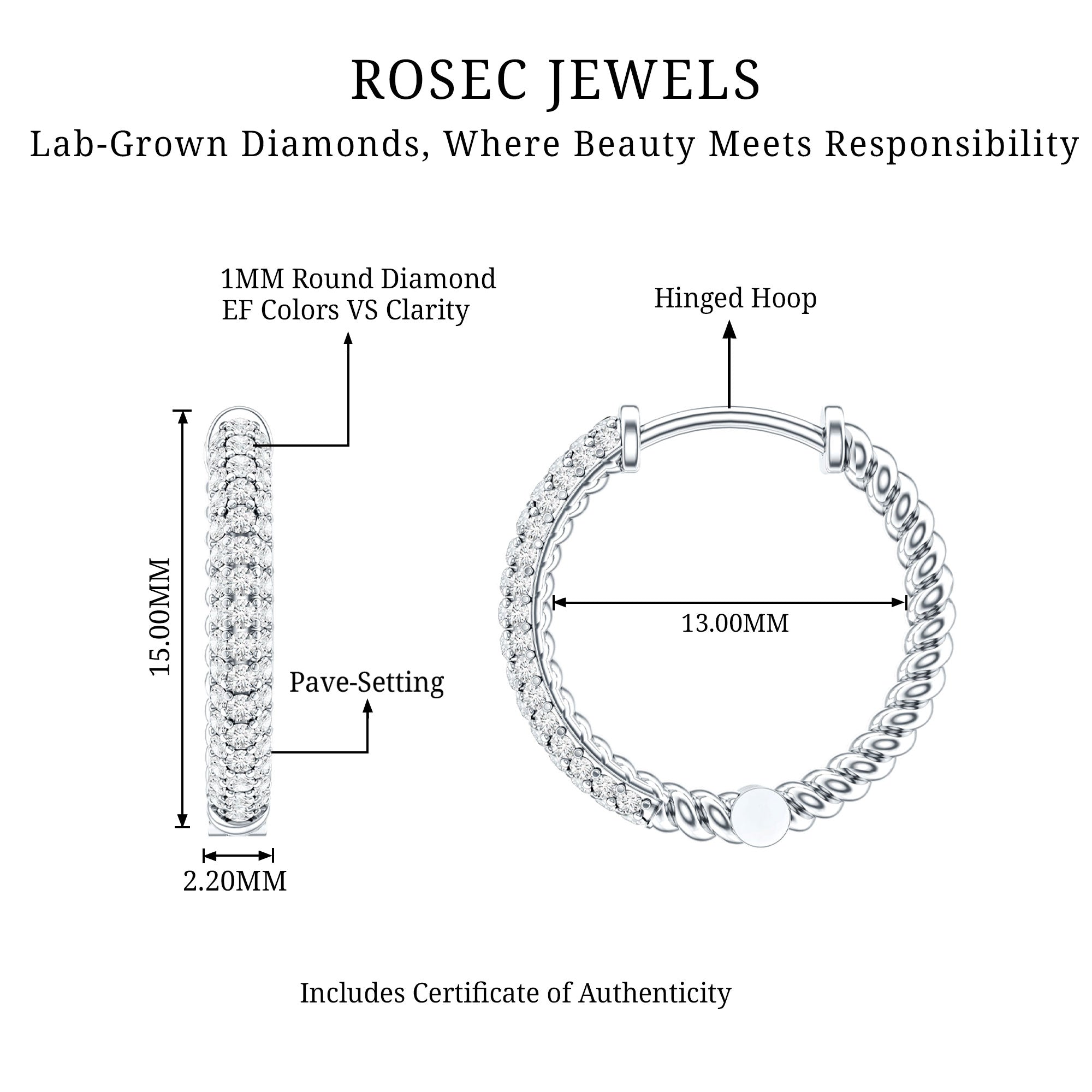 Classic Diamond Hinged Hoop Earrings with Certificate Lab - ( EF-VS ) - Rosec Jewels