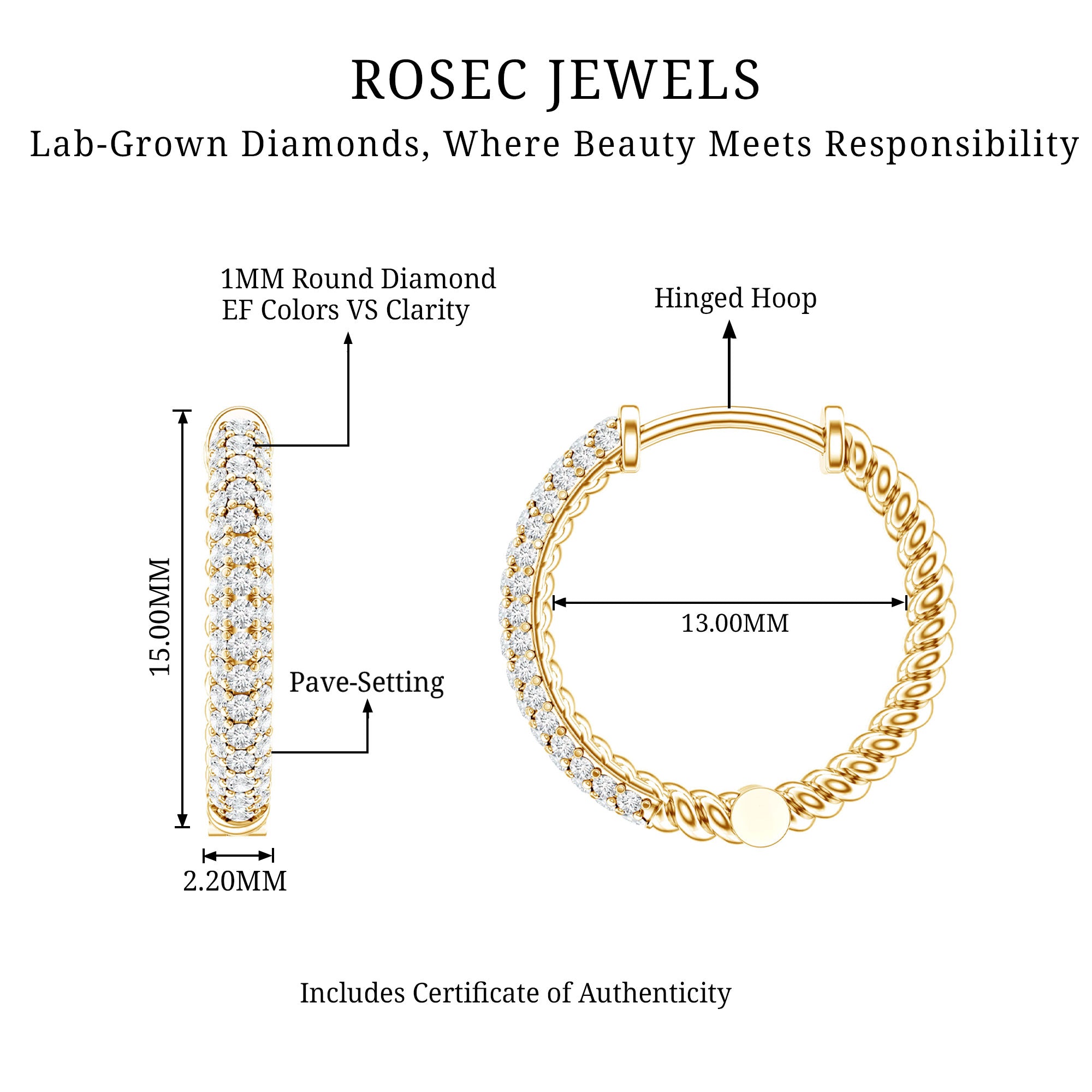 Classic Diamond Hinged Hoop Earrings with Certificate Lab - ( EF-VS ) - Rosec Jewels