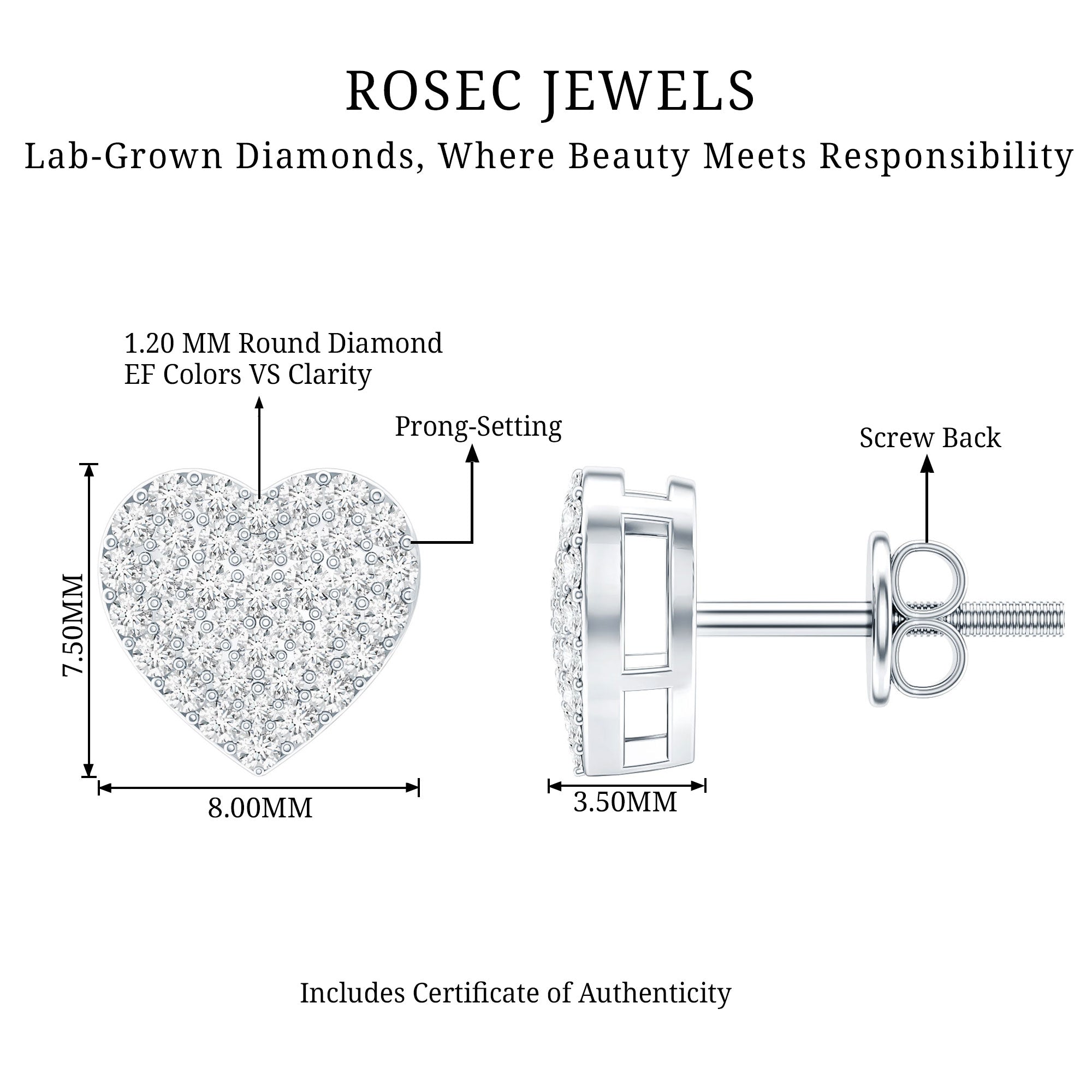 Natural Diamond Heart Earrings with Screw Back Lab - ( EF-VS ) - Rosec Jewels