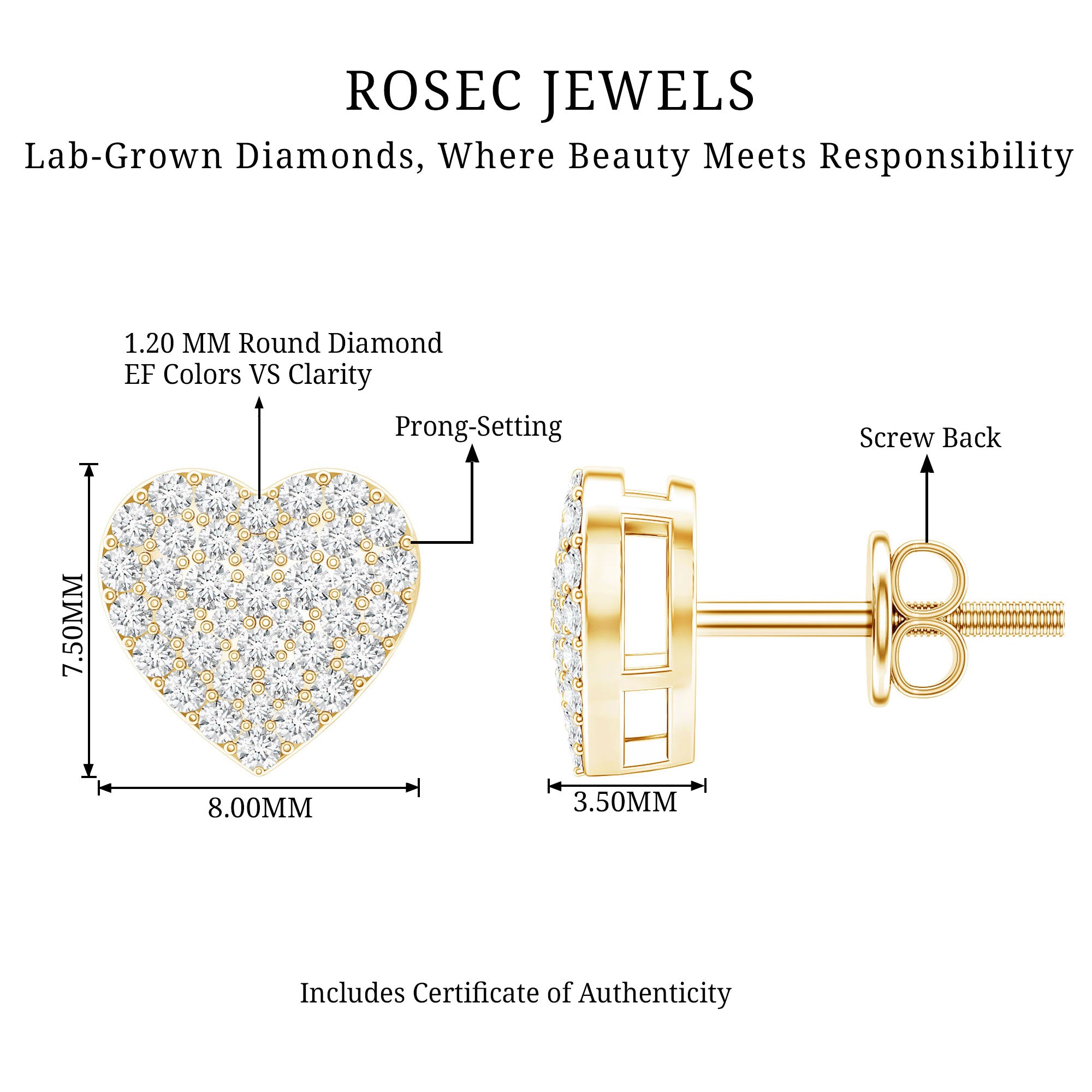 Natural Diamond Heart Earrings with Screw Back Lab - ( EF-VS ) - Rosec Jewels
