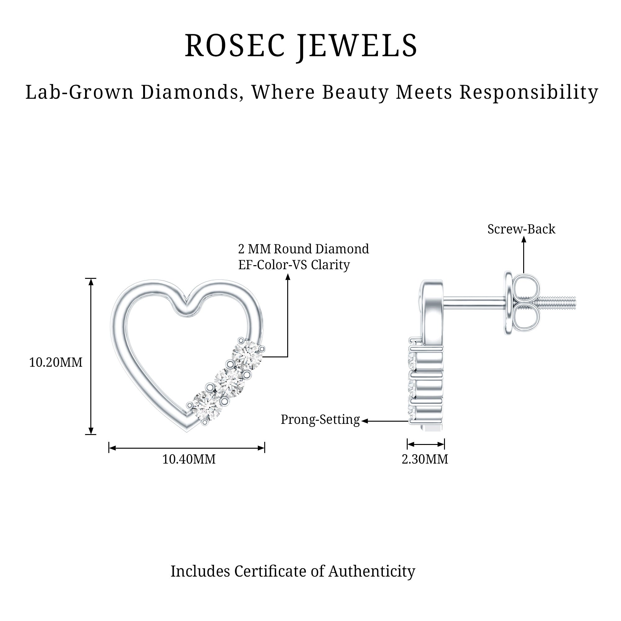 Diamond Heart Shape Stud Earring for Women Lab - ( EF-VS ) - Rosec Jewels