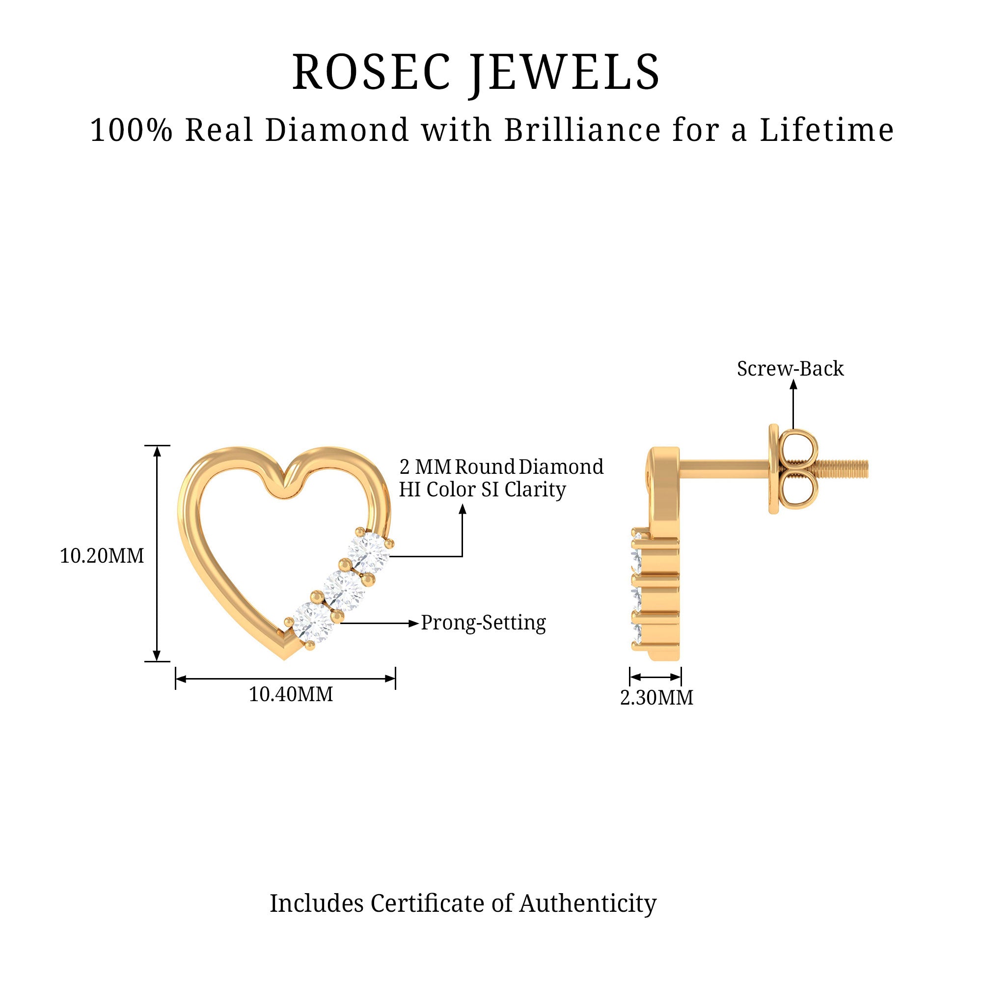 Rosec Jewels-Three Stone Diamond Gold Heart Stud Earring for Women