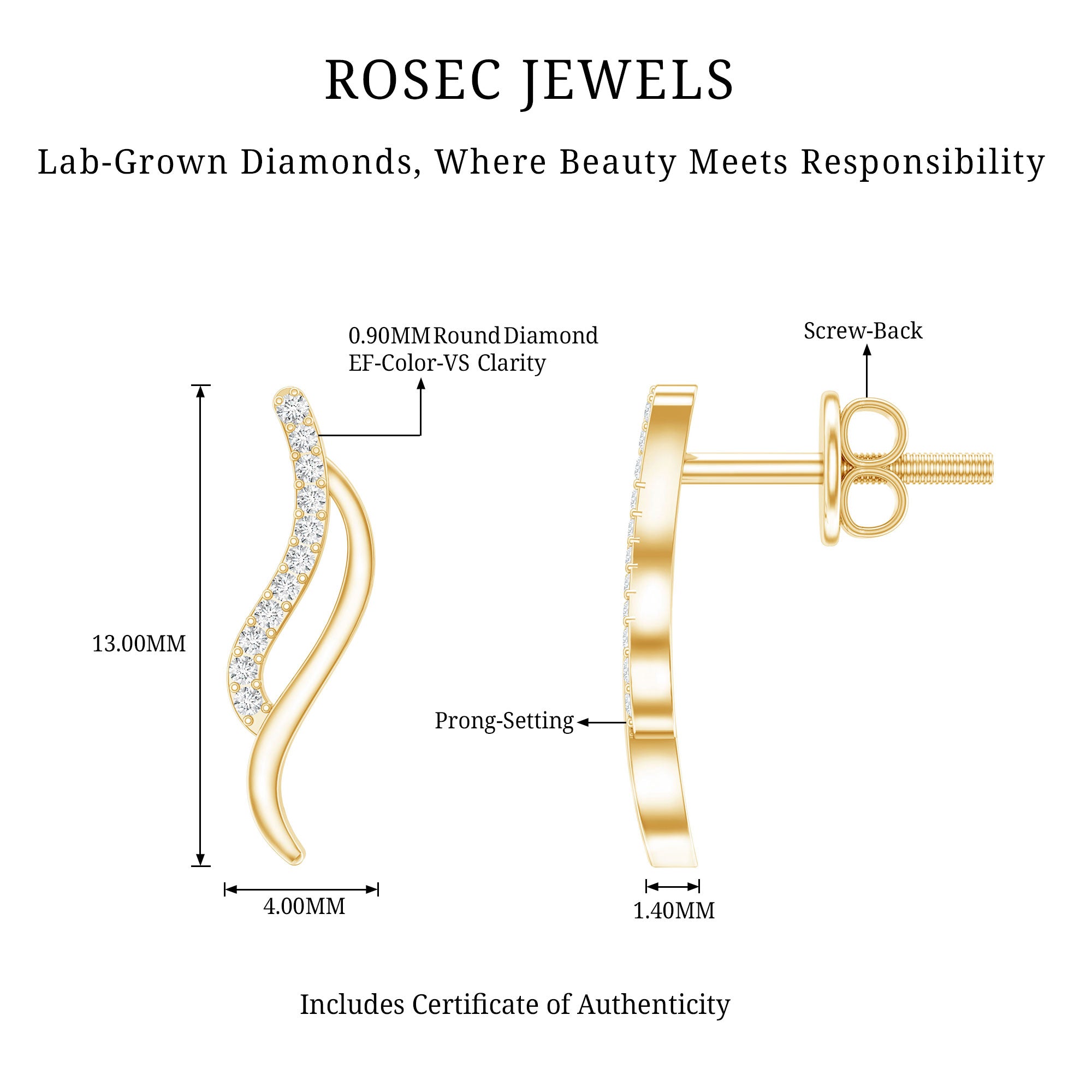 Prong Set Diamond Leaf Stud Earrings for Women Lab - ( EF-VS ) - Rosec Jewels