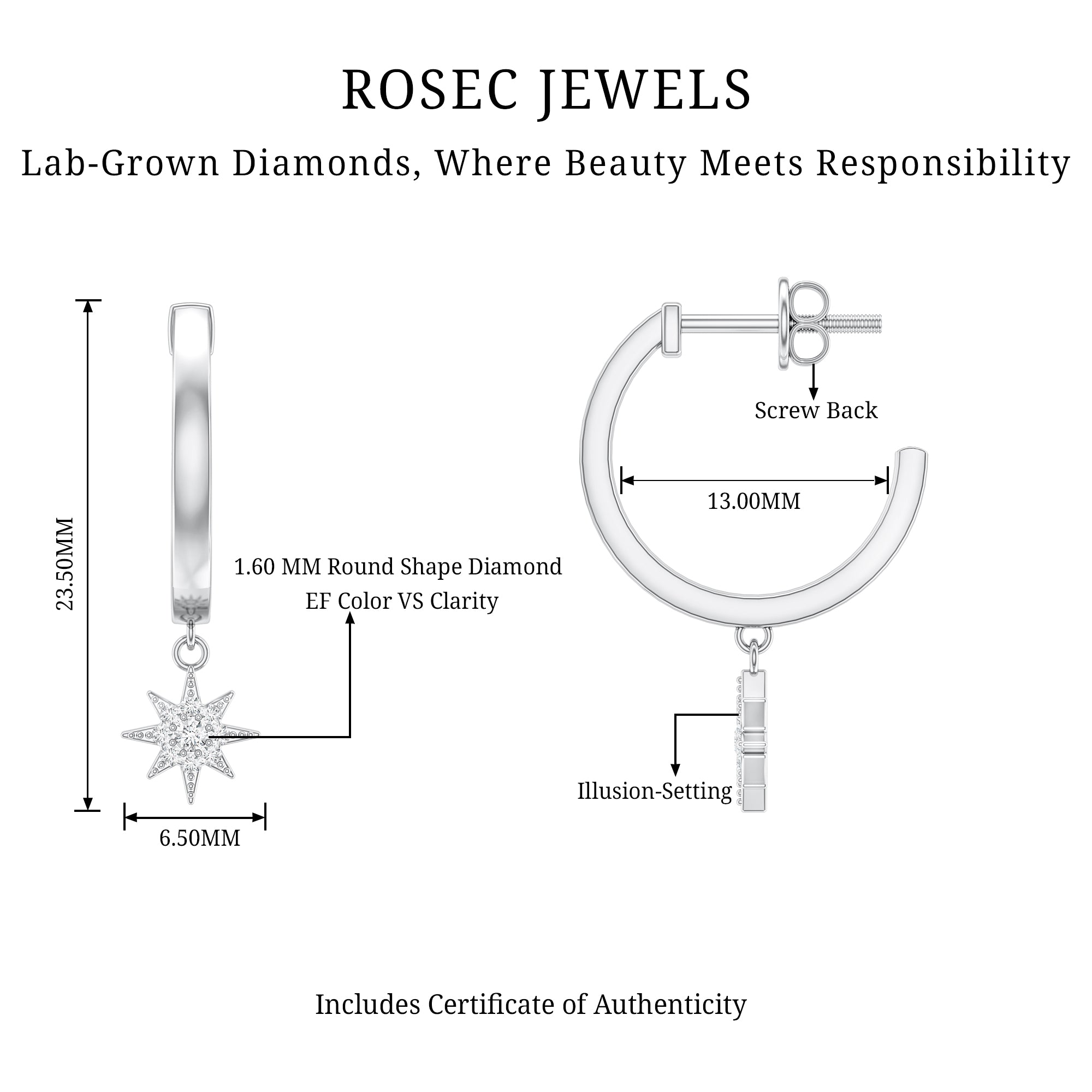 Certified Diamond Star Drop Earrings Lab - ( EF-VS ) - Rosec Jewels