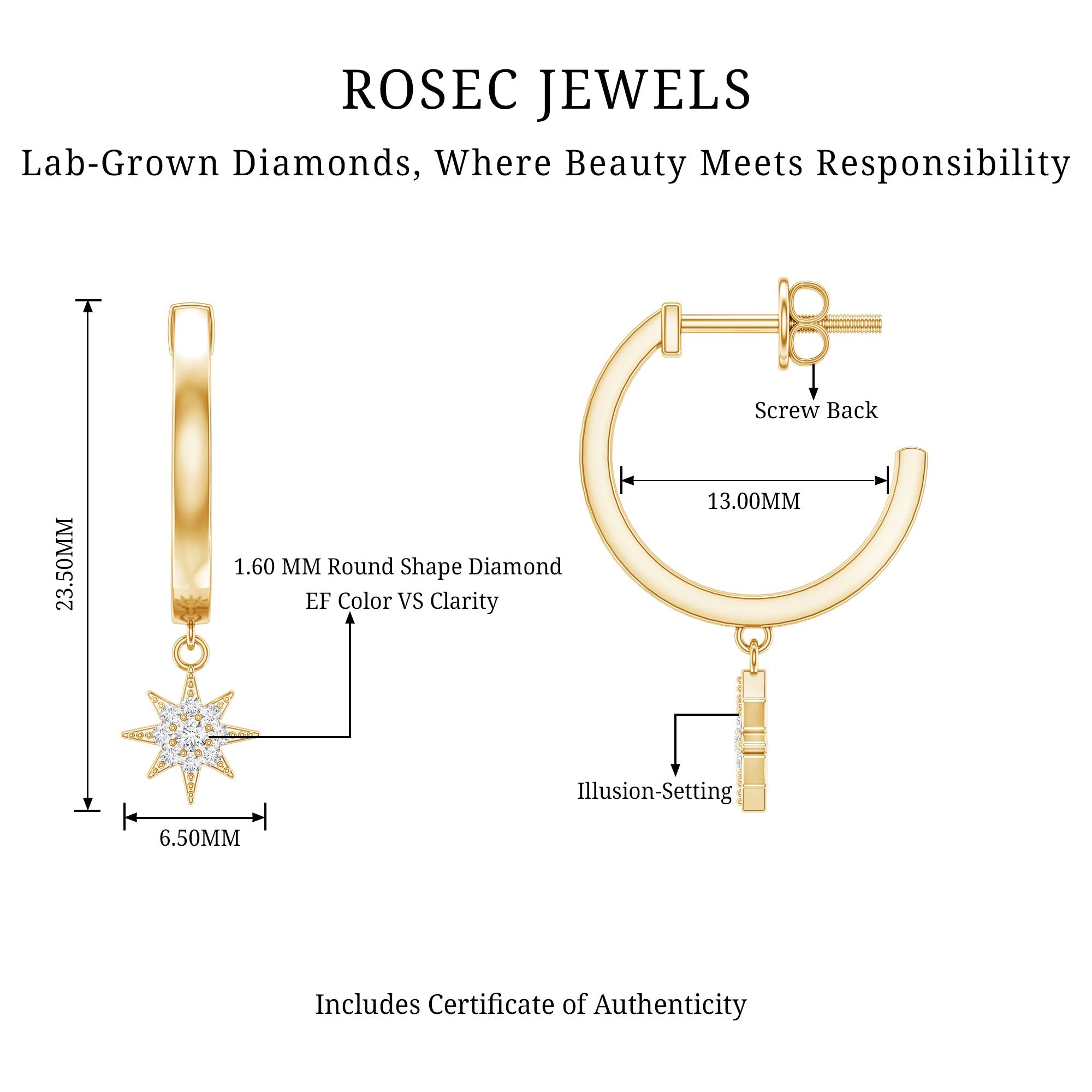 Certified Diamond Star Drop Earrings Lab - ( EF-VS ) - Rosec Jewels