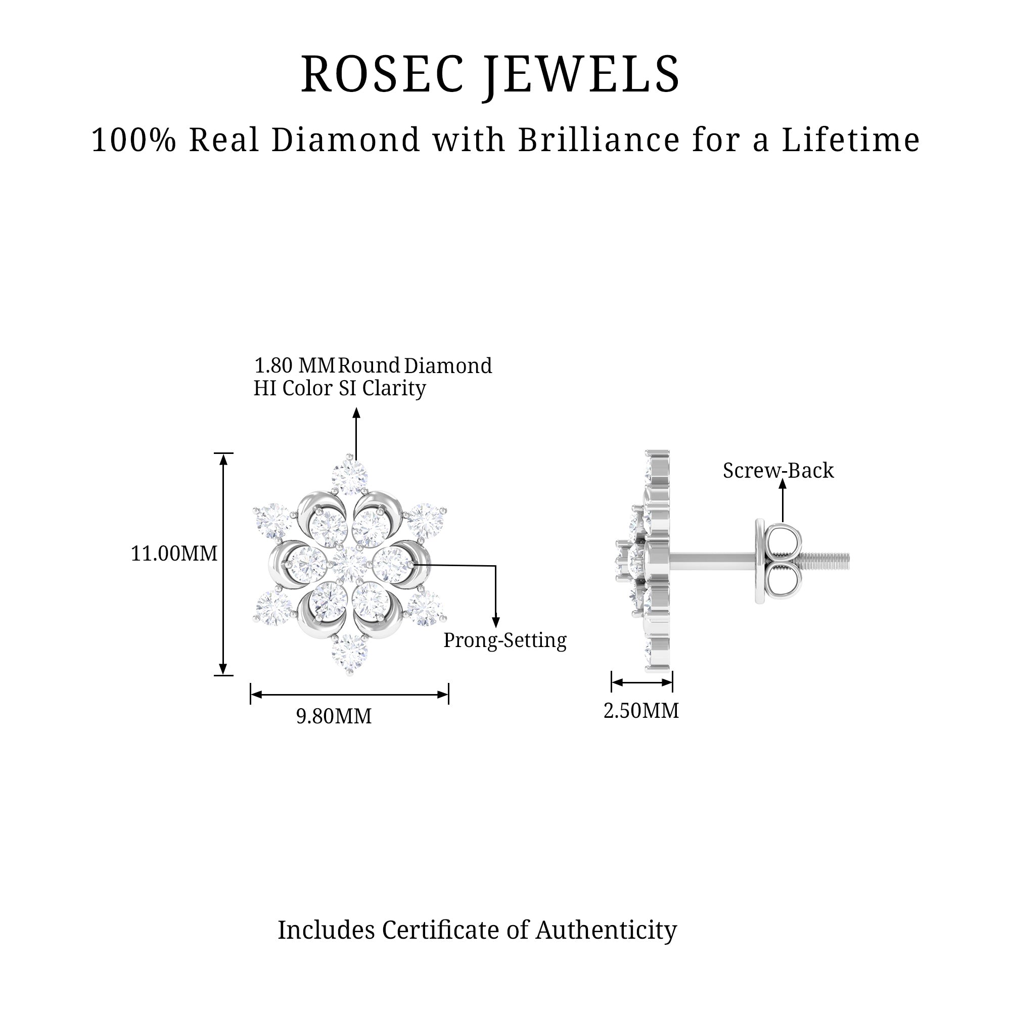 Certified Diamond Snowflake Stud Earrings Lab - ( EF-VS ) - Rosec Jewels