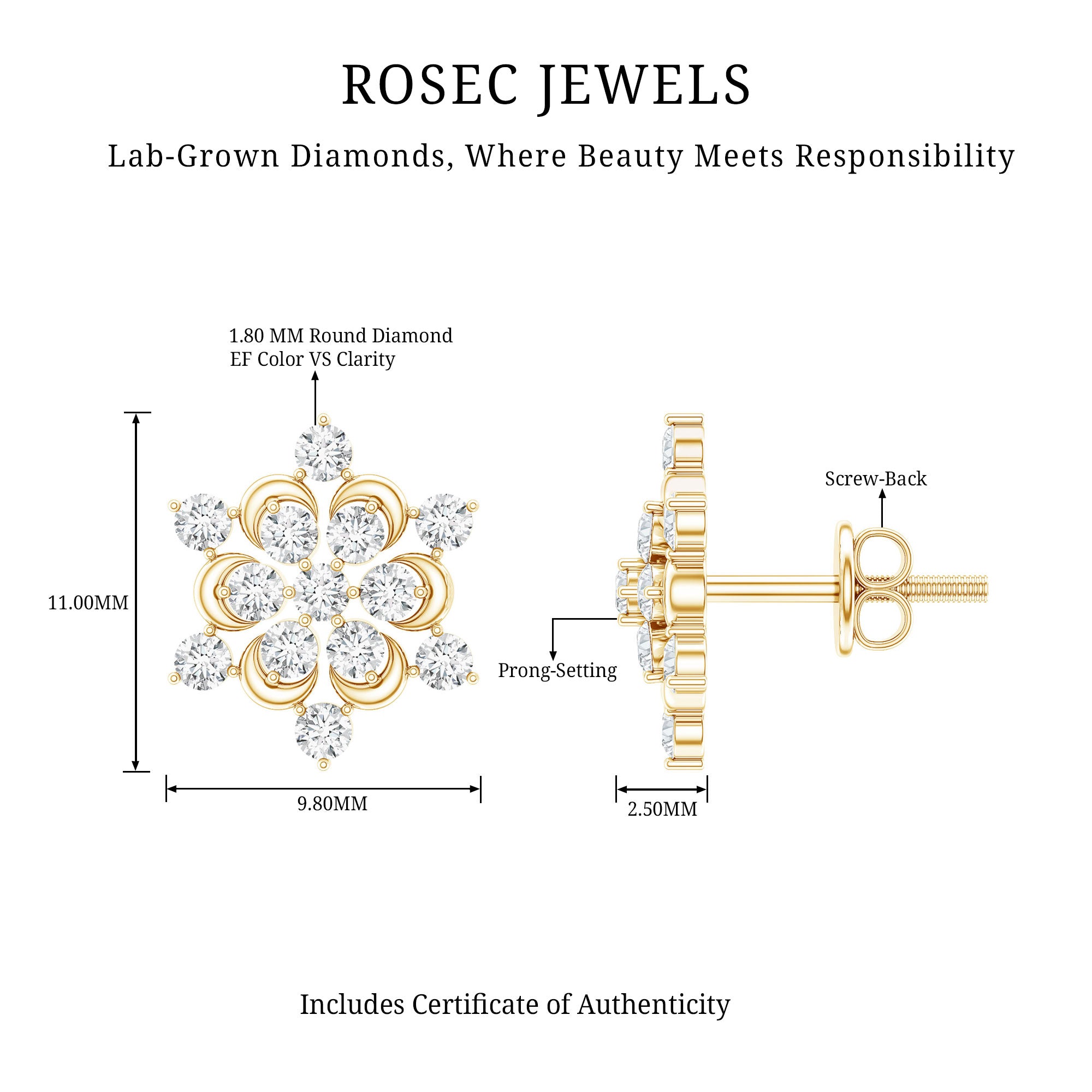 Certified Diamond Snowflake Stud Earrings Lab - ( EF-VS ) - Rosec Jewels
