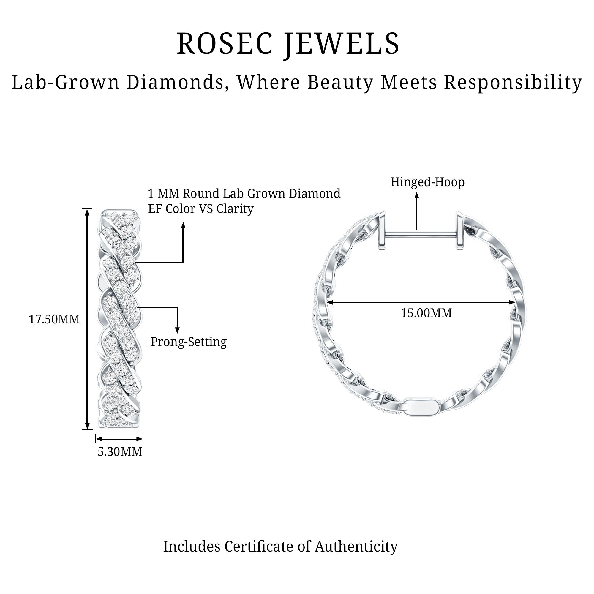 Natural Diamond Twisted Hoop Earrings with Certificate Lab - ( EF-VS ) - Rosec Jewels