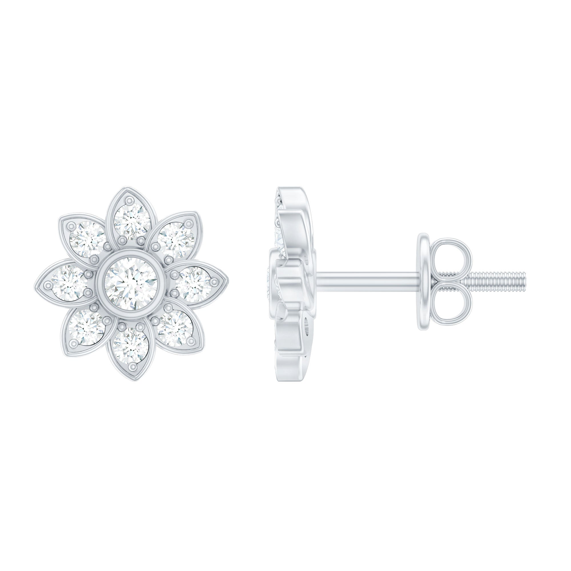 Diamond Flower Stud Earrings With Screw Back Lab - ( EF-VS ) - Rosec Jewels