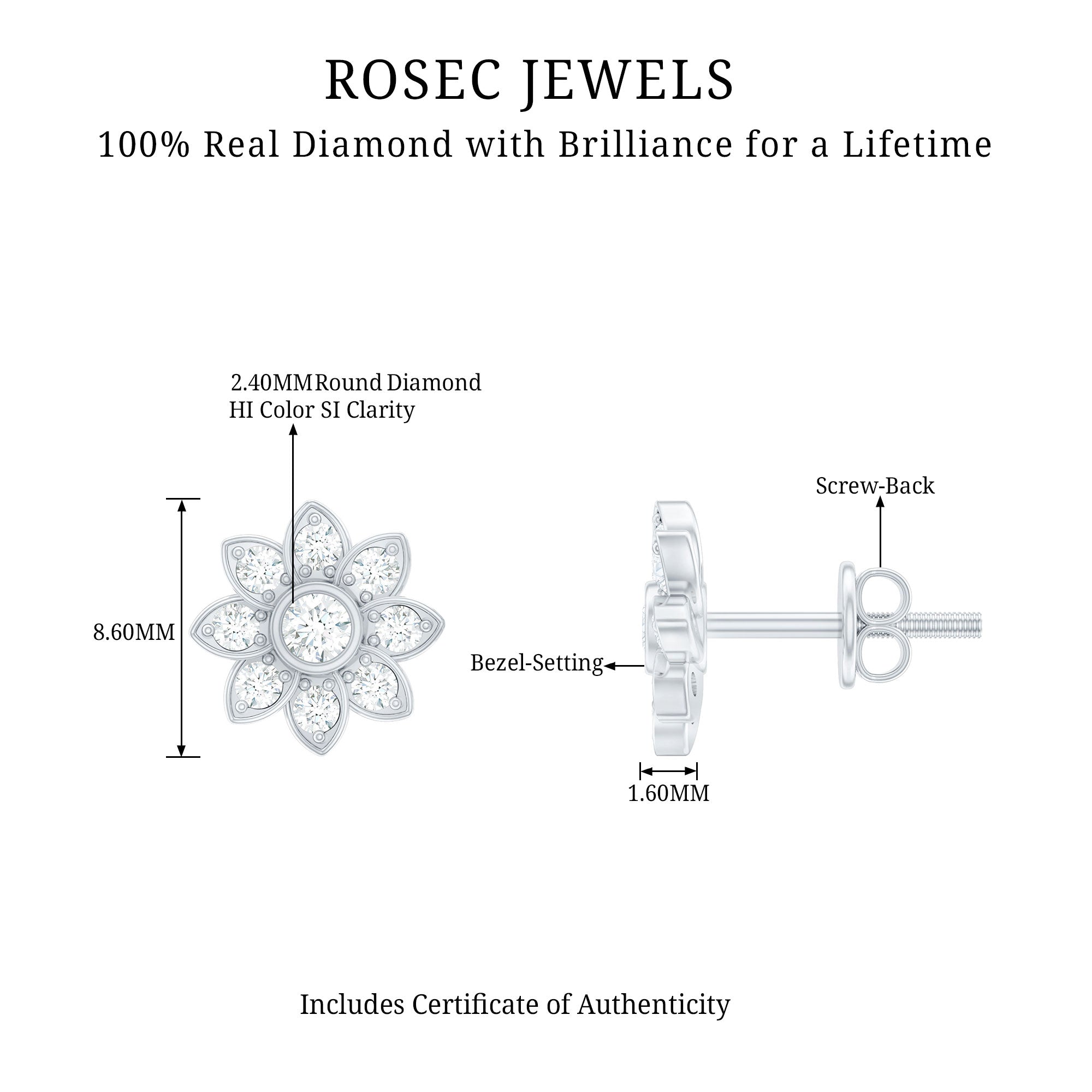 Diamond Flower Stud Earrings With Screw Back Lab - ( EF-VS ) - Rosec Jewels