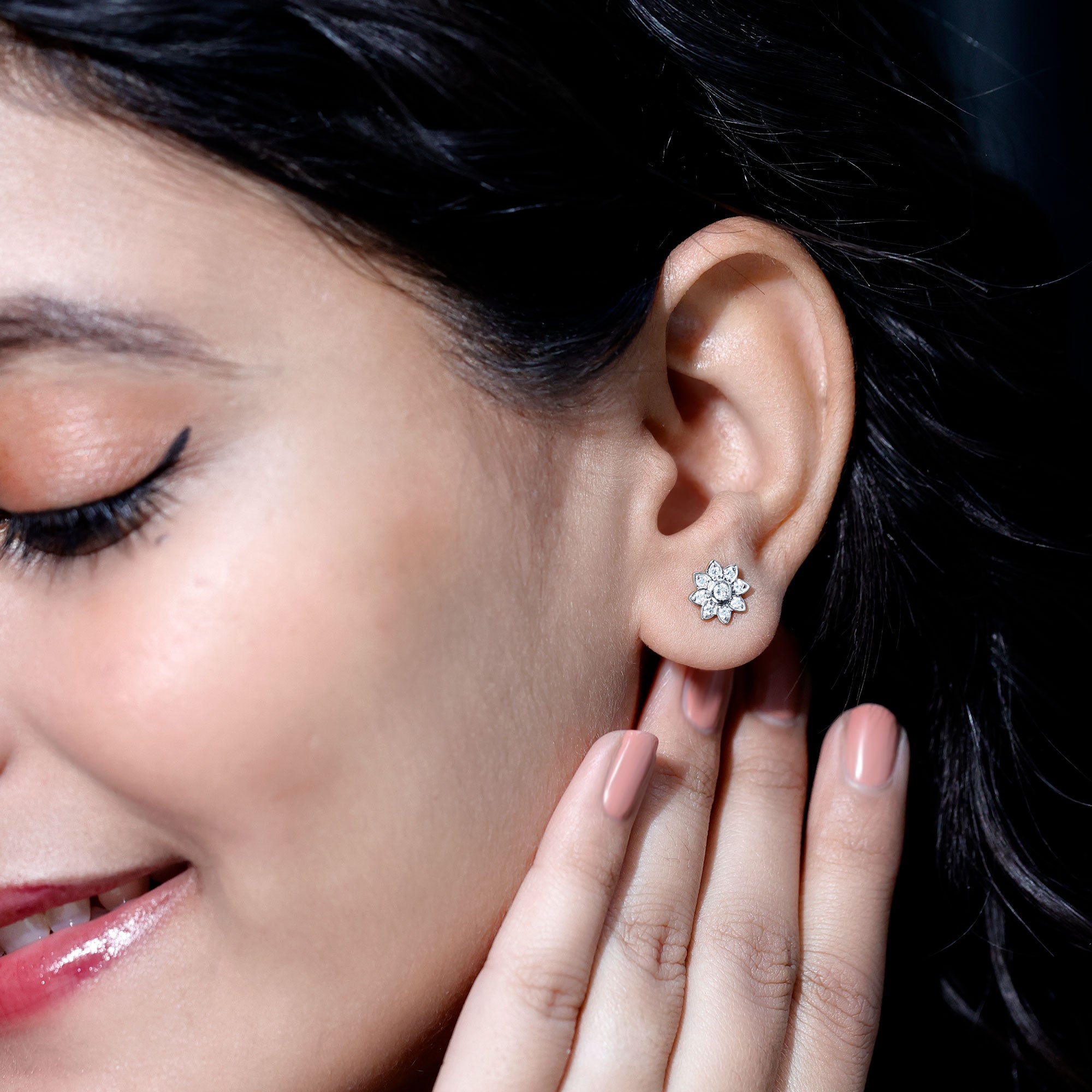 Diamond Flower Stud Earrings With Screw Back Lab - ( EF-VS ) - Rosec Jewels