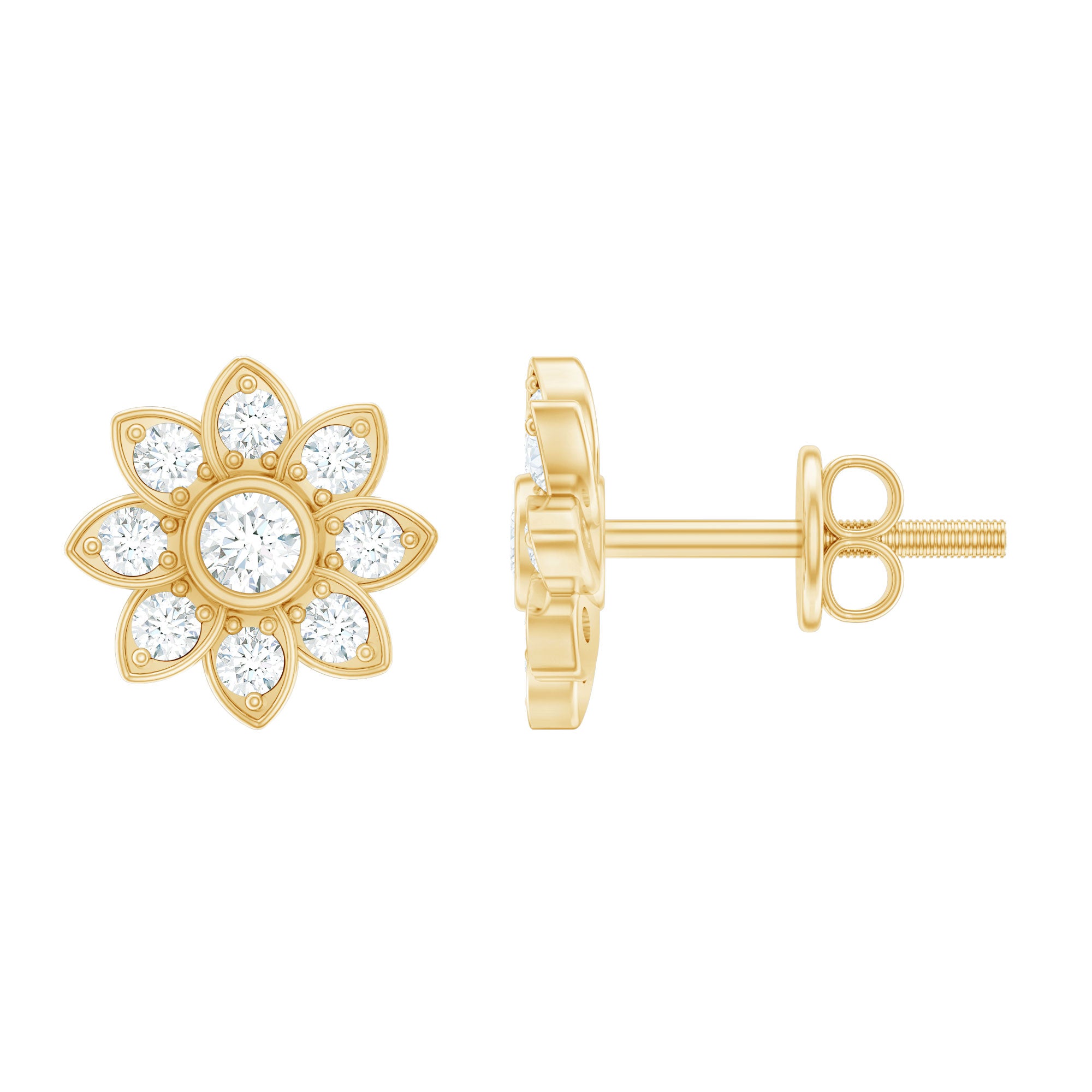 Diamond Flower Stud Earrings With Screw Back Lab - ( EF-VS ) - Rosec Jewels