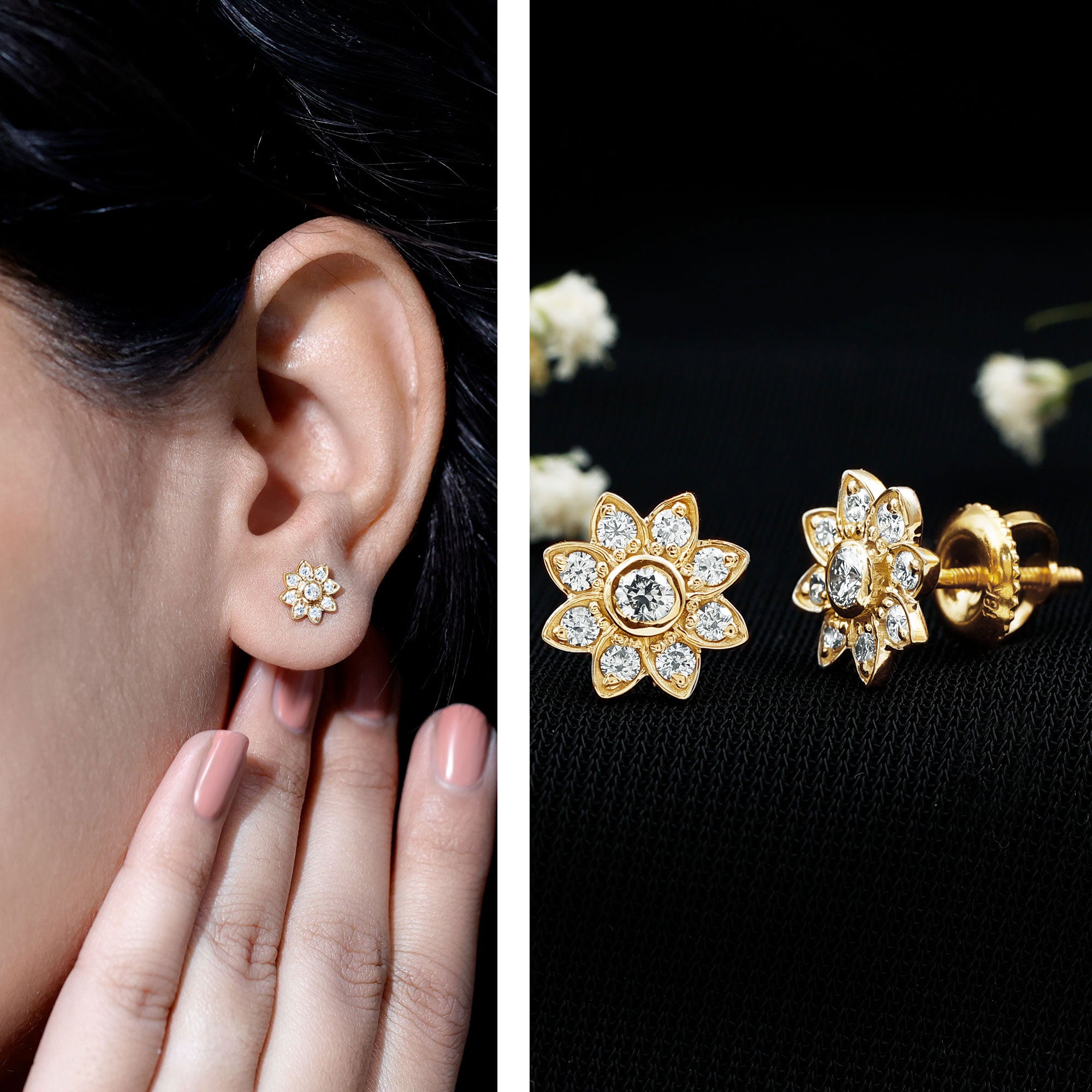 Diamond Flower Stud Earrings With Screw Back Lab - ( EF-VS ) - Rosec Jewels