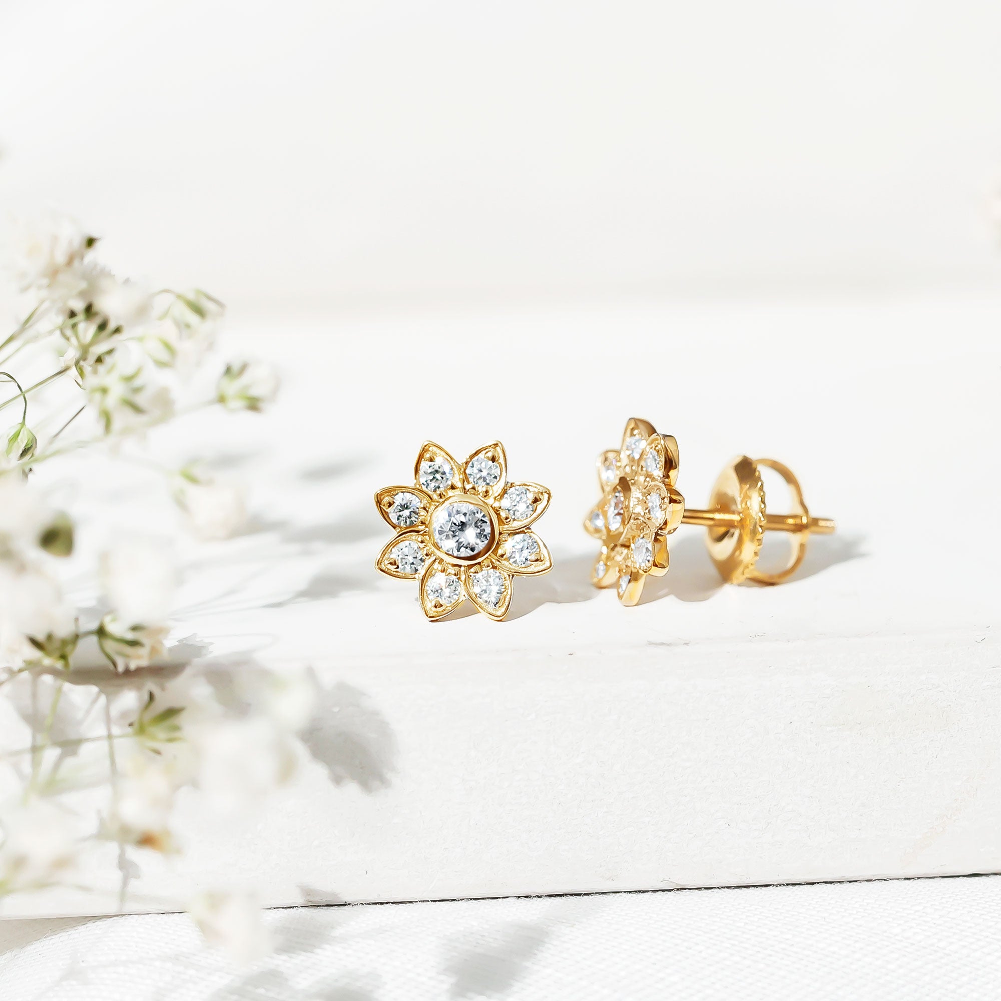 Diamond Flower Stud Earrings With Screw Back Lab - ( EF-VS ) - Rosec Jewels