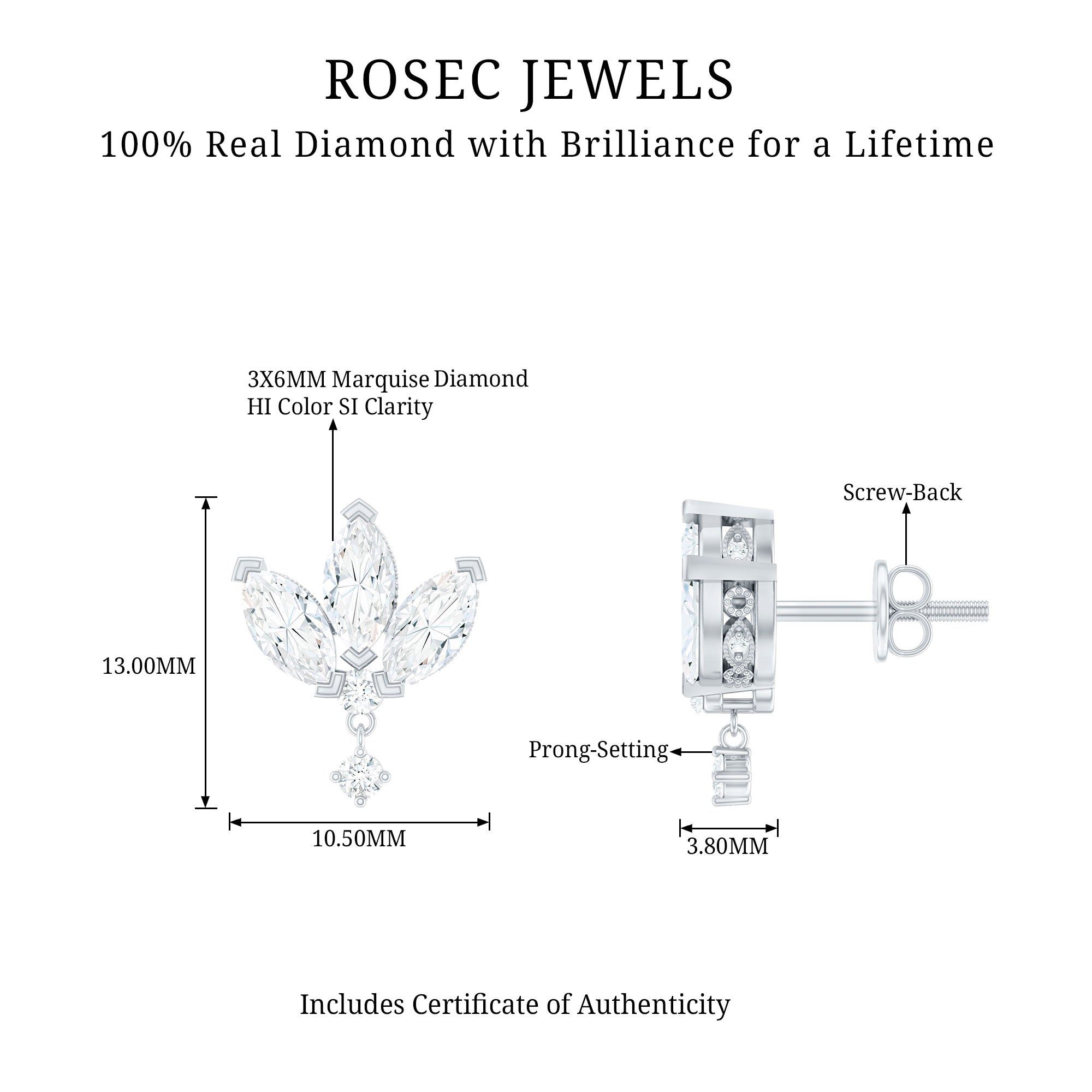 Rosec Jewels-1.75 CT Marquise and Round Cut Diamond Stud Drop Earrings