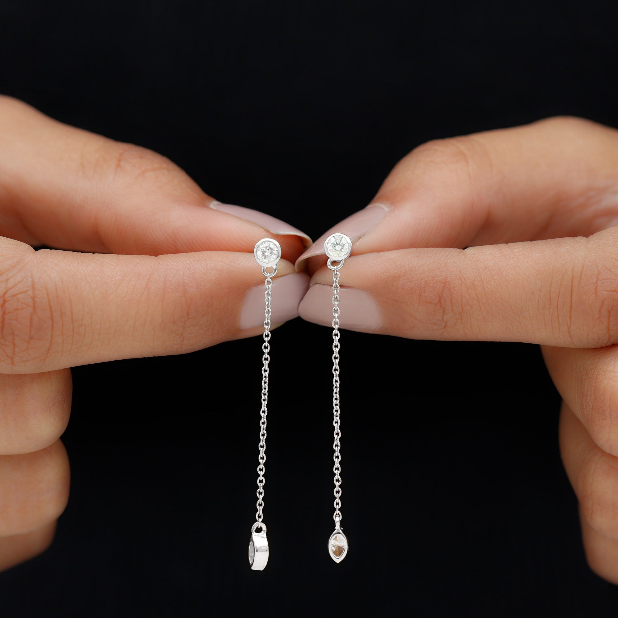 Rosec Jewels-Marquise and Round Diamond Dangle Chain Earrings in Bezel Setting