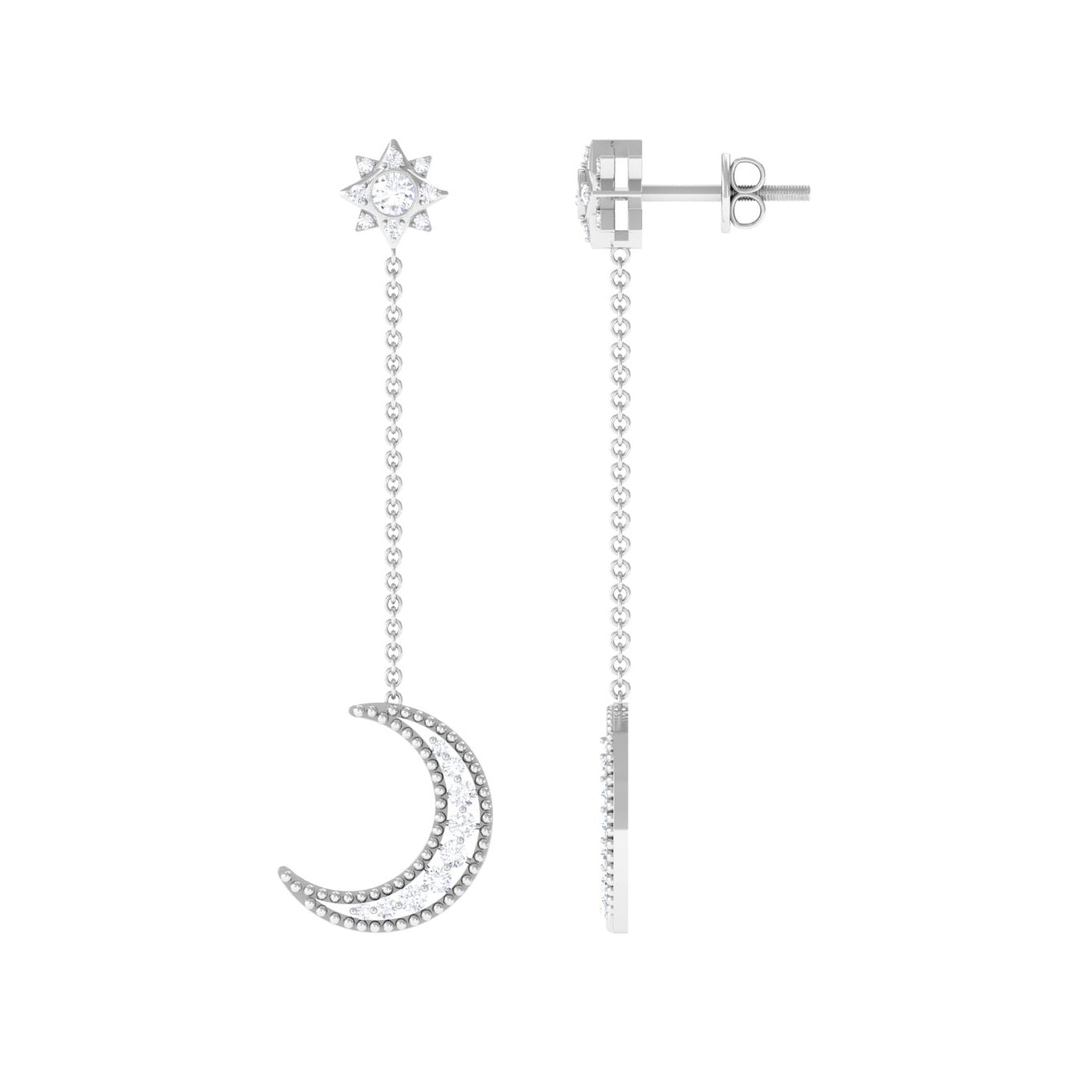 Rosec Jewels-1/2 CT Diamond Star and Moon Drop Chain Earrings