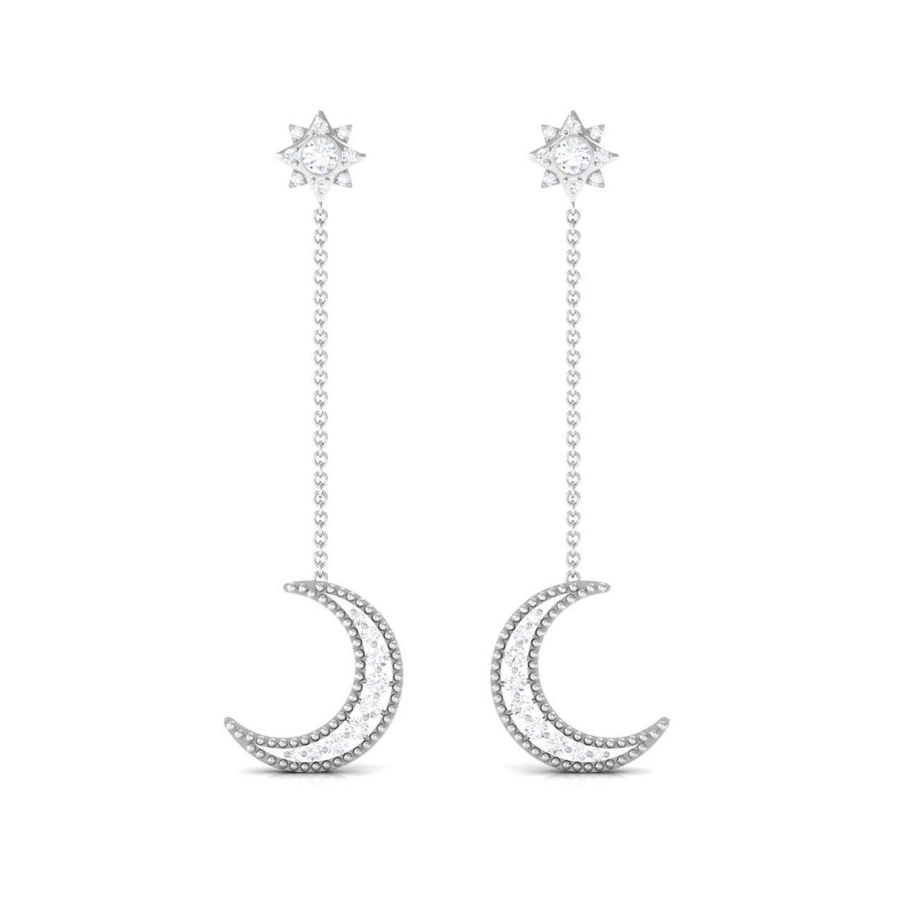 Rosec Jewels-1/2 CT Diamond Star and Moon Drop Chain Earrings