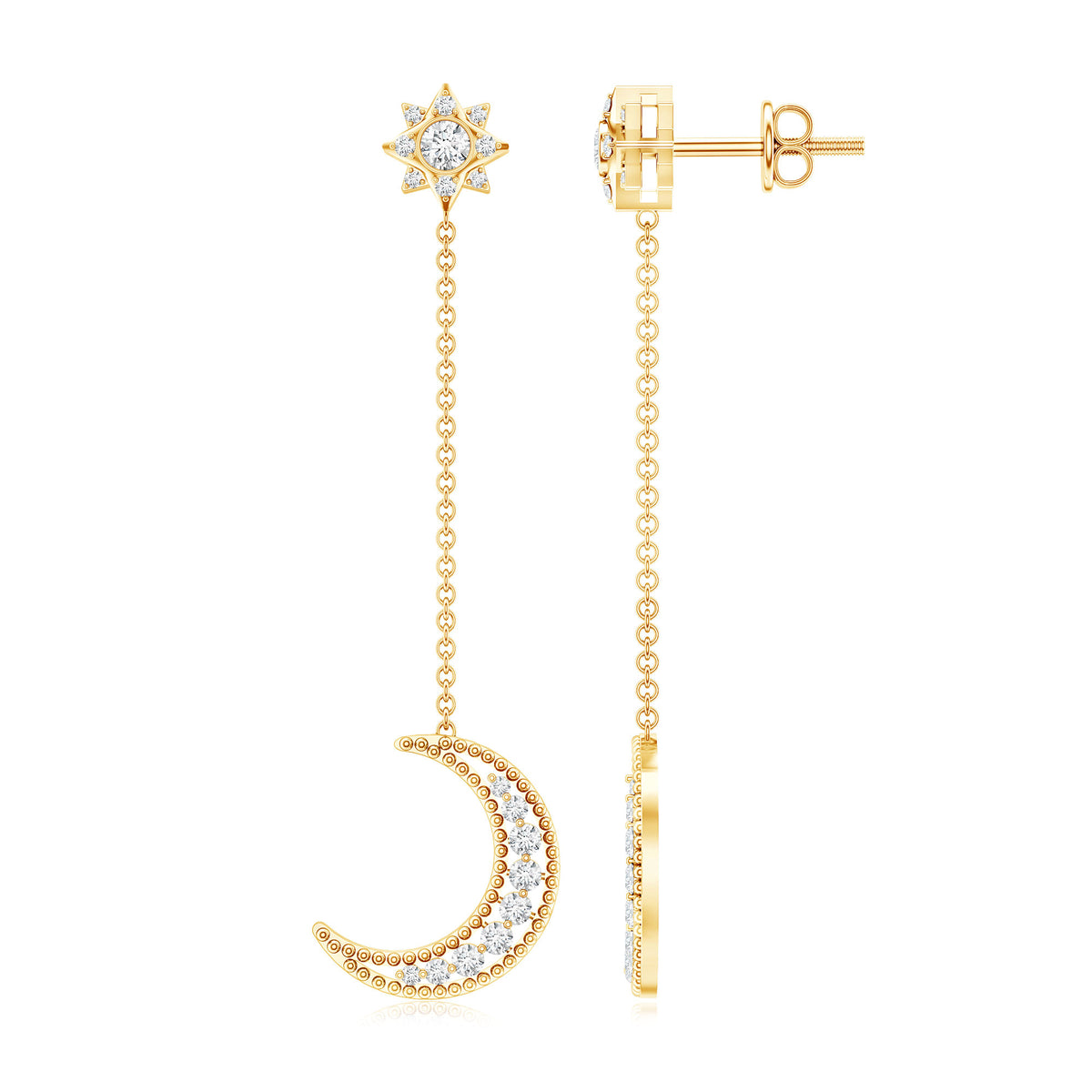 Certified Diamond Star and Moon Chain Earrings Lab - ( EF-VS ) - Rosec Jewels