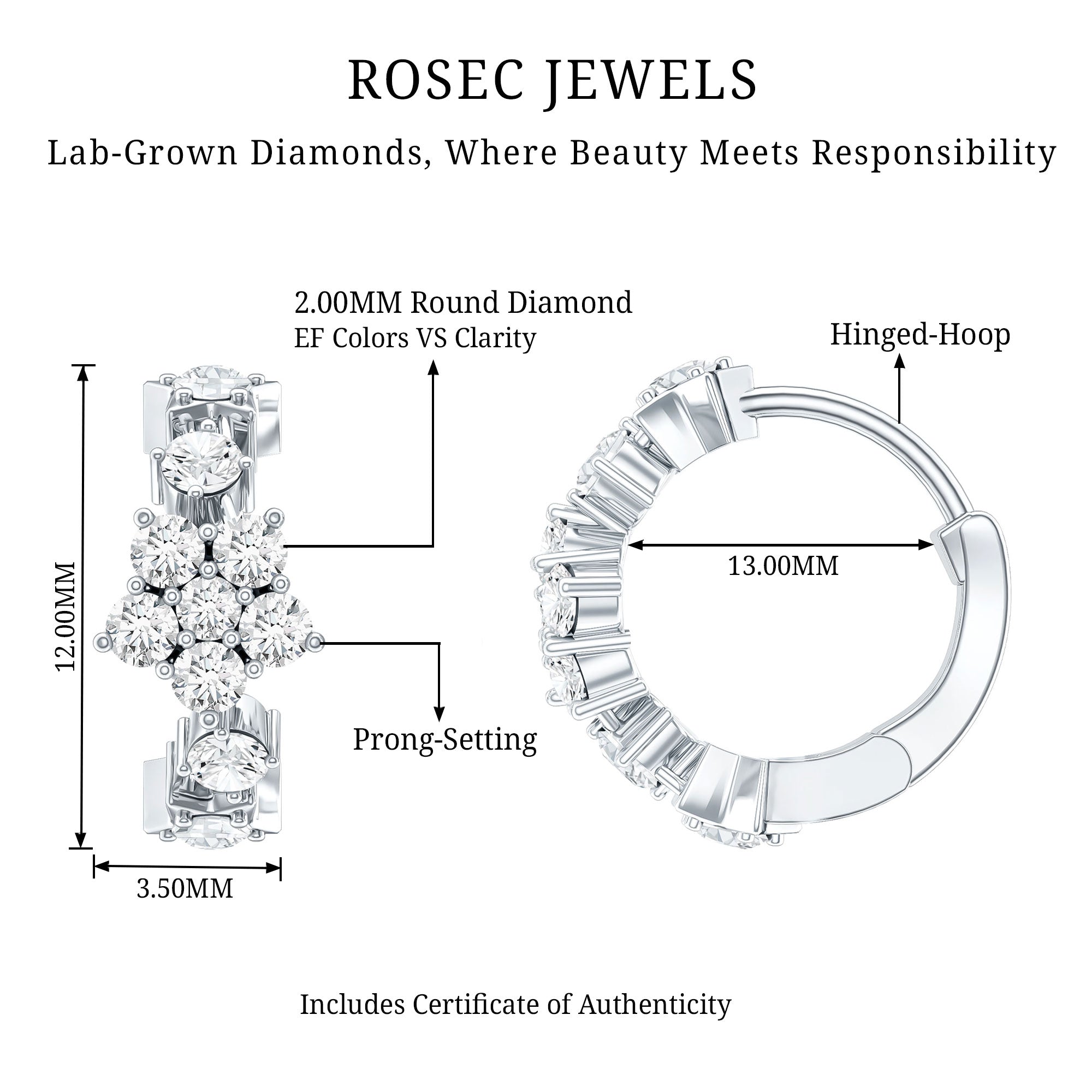Certified Diamond Flower Hoop Earrings For Women Lab - ( EF-VS ) - Rosec Jewels