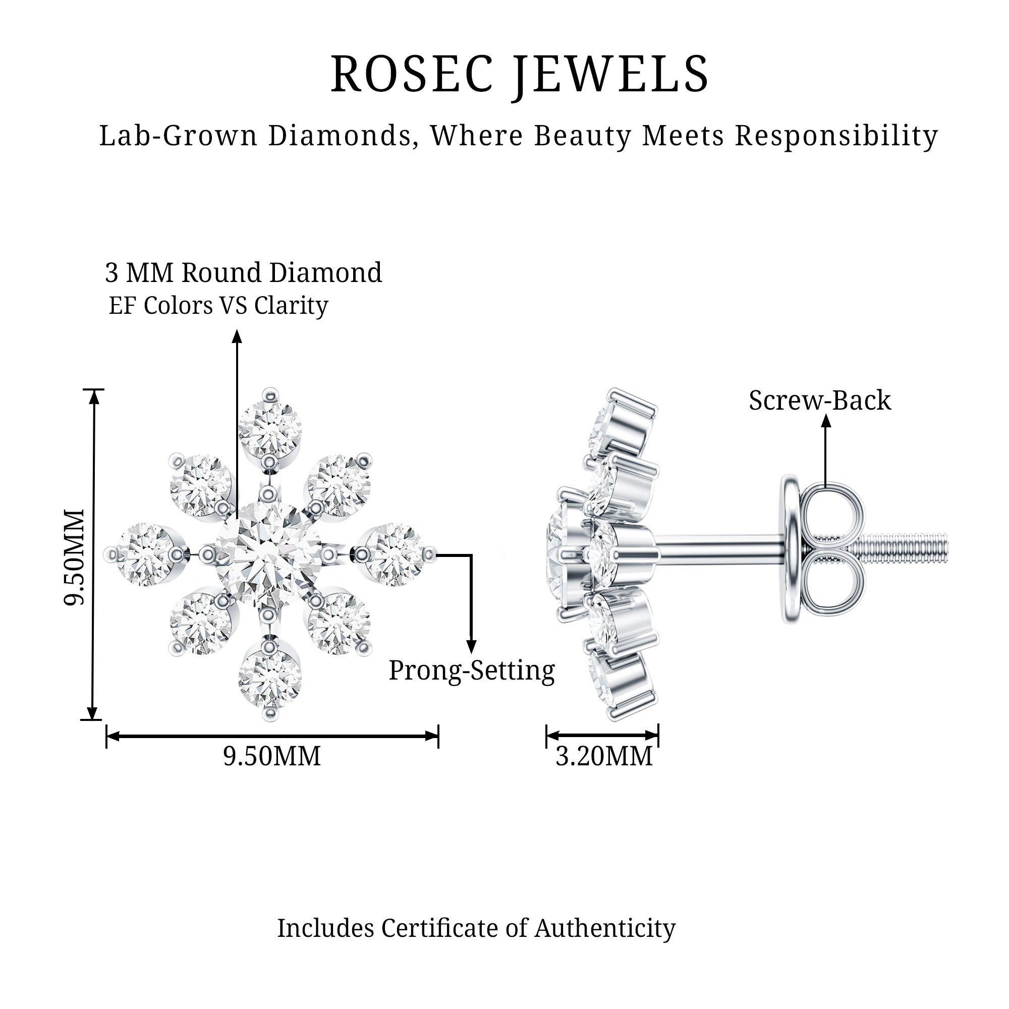 Round Cut Diamond Flower Stud Earrings for Women Lab - ( EF-VS ) - Rosec Jewels