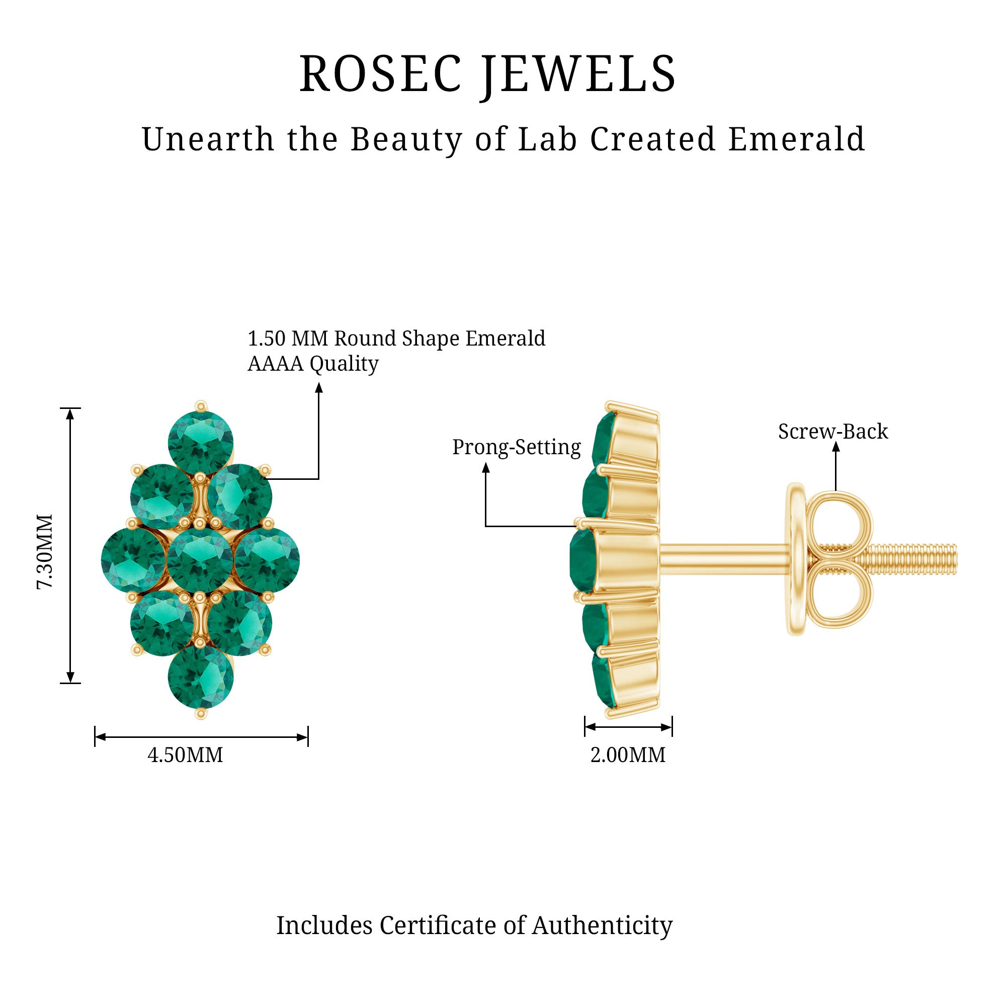 Lab Grown Emerald Stud Earrings in Yellow Gold Plated Silver AAAA 14K Yellow Gold Plated Silver - Rosec Jewels