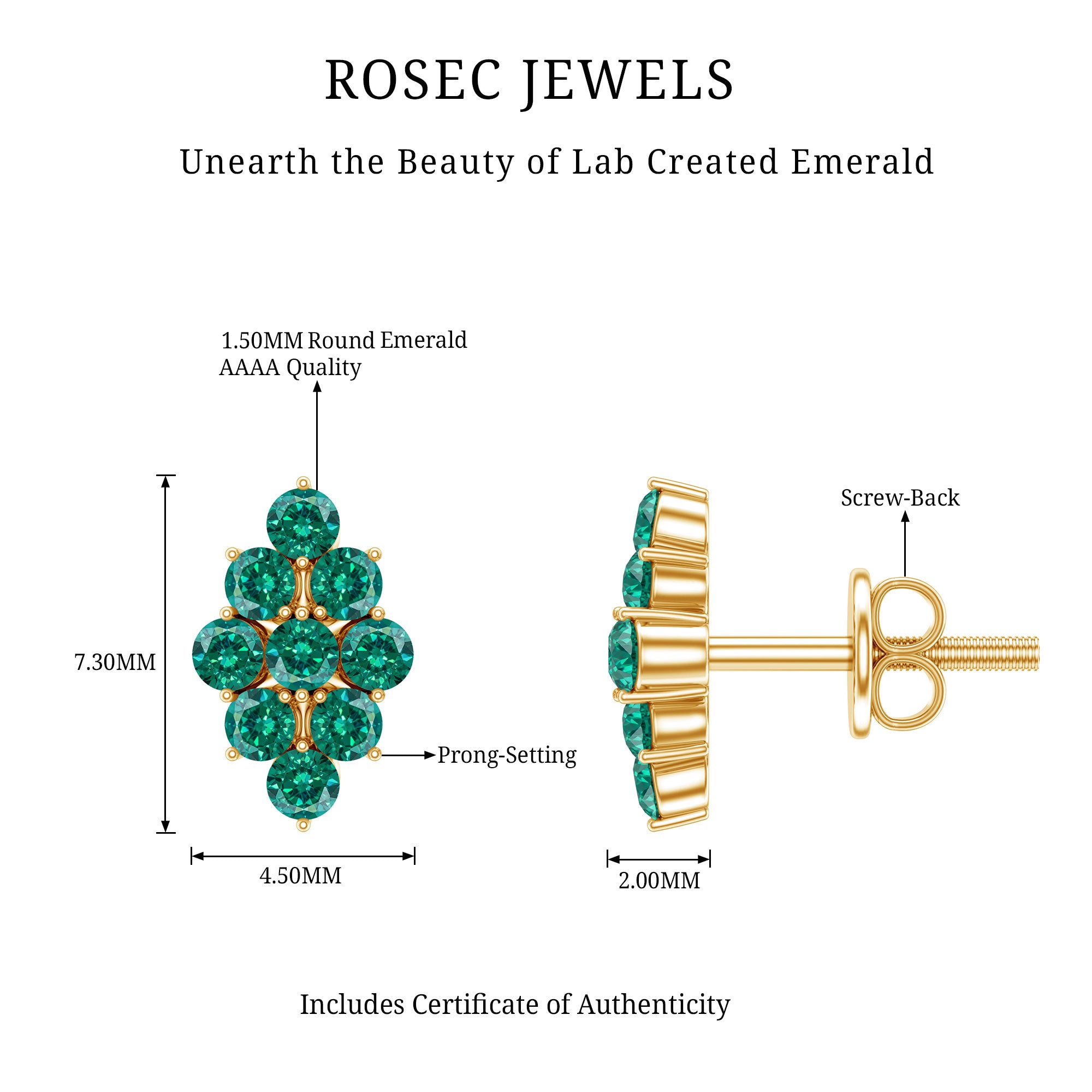 Lab Grown Emerald Stud Earrings in Yellow Gold Plated Silver AAAA 14K Yellow Gold Plated Silver - Rosec Jewels