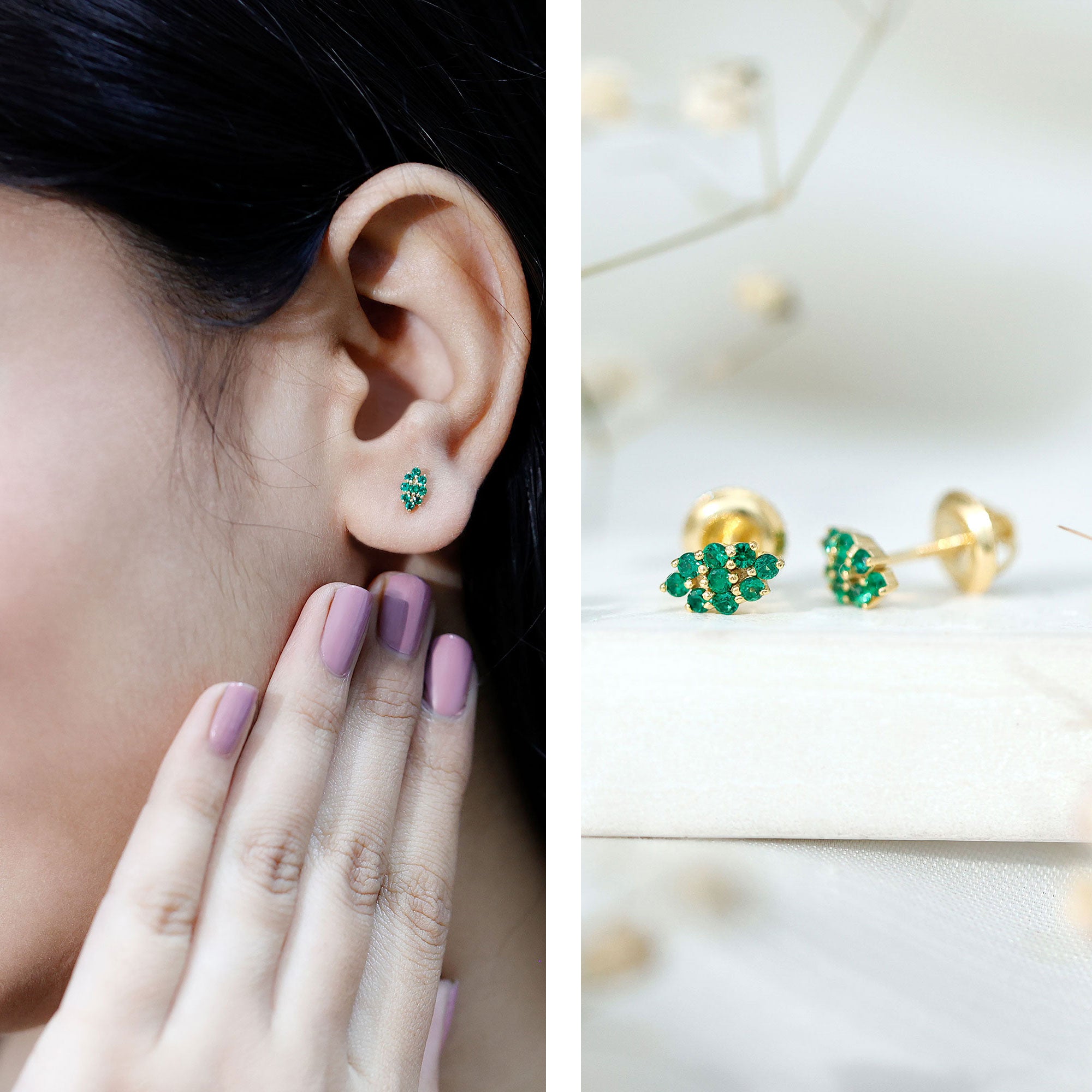 Lab Grown Emerald Stud Earrings in Yellow Gold Plated Silver AAAA 14K Yellow Gold Plated Silver - Rosec Jewels