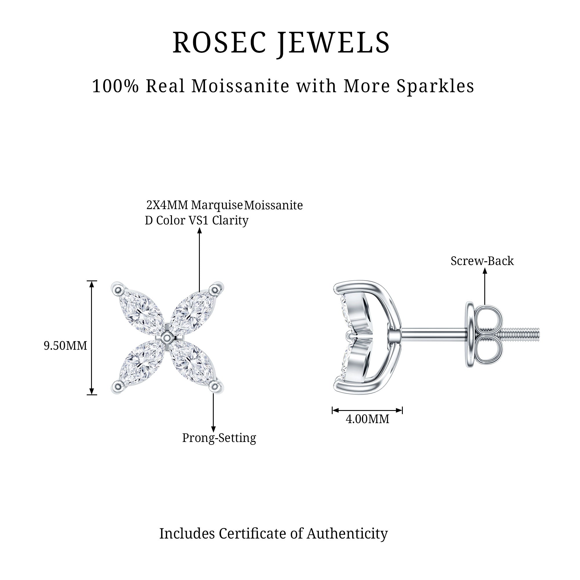 Marquise Shape Moissanite Flower Stud Earrings D-VS1 - Rosec Jewels