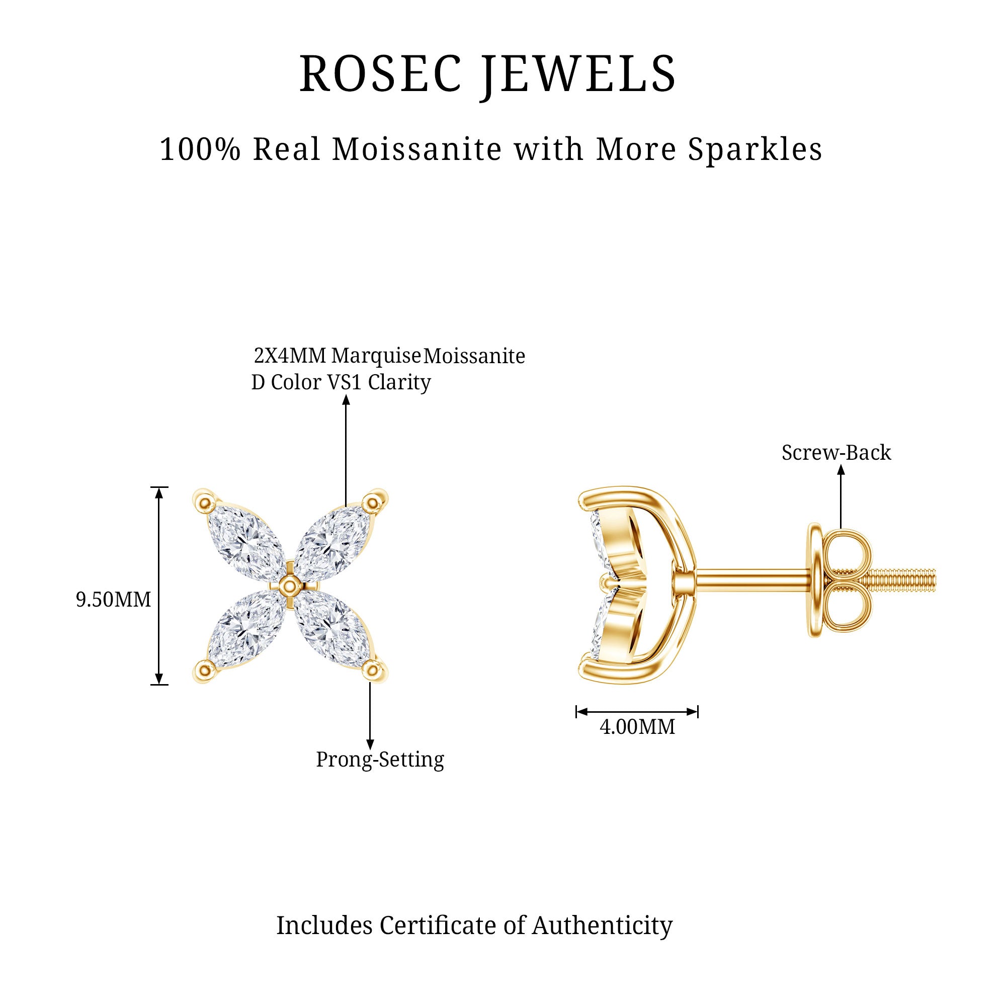 Marquise Shape Moissanite Flower Stud Earrings D-VS1 - Rosec Jewels