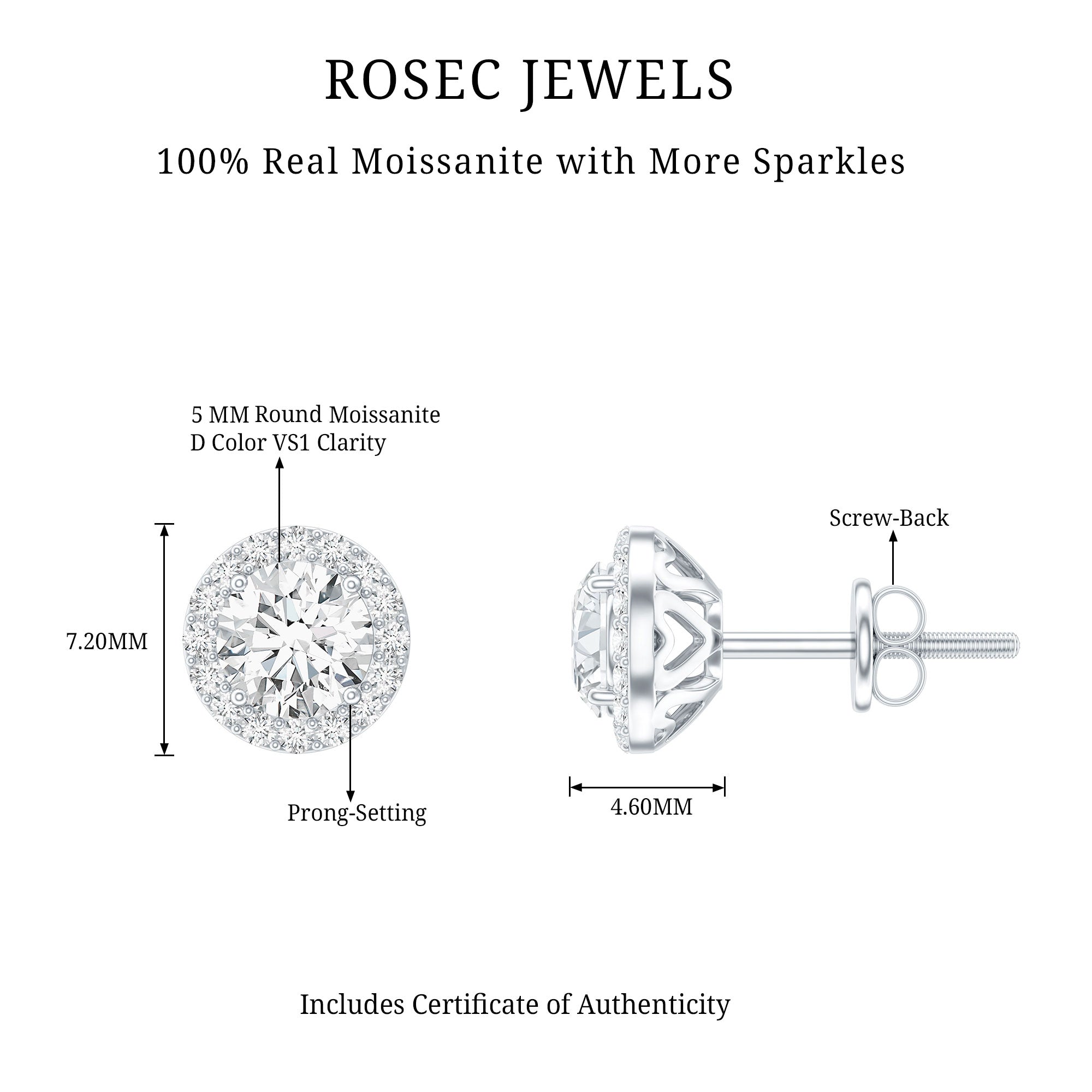 Certified 1 Carat Round Moissanite Classic Stud Earrings in Silver D-VS1 92.5 Sterling Silver - Rosec Jewels