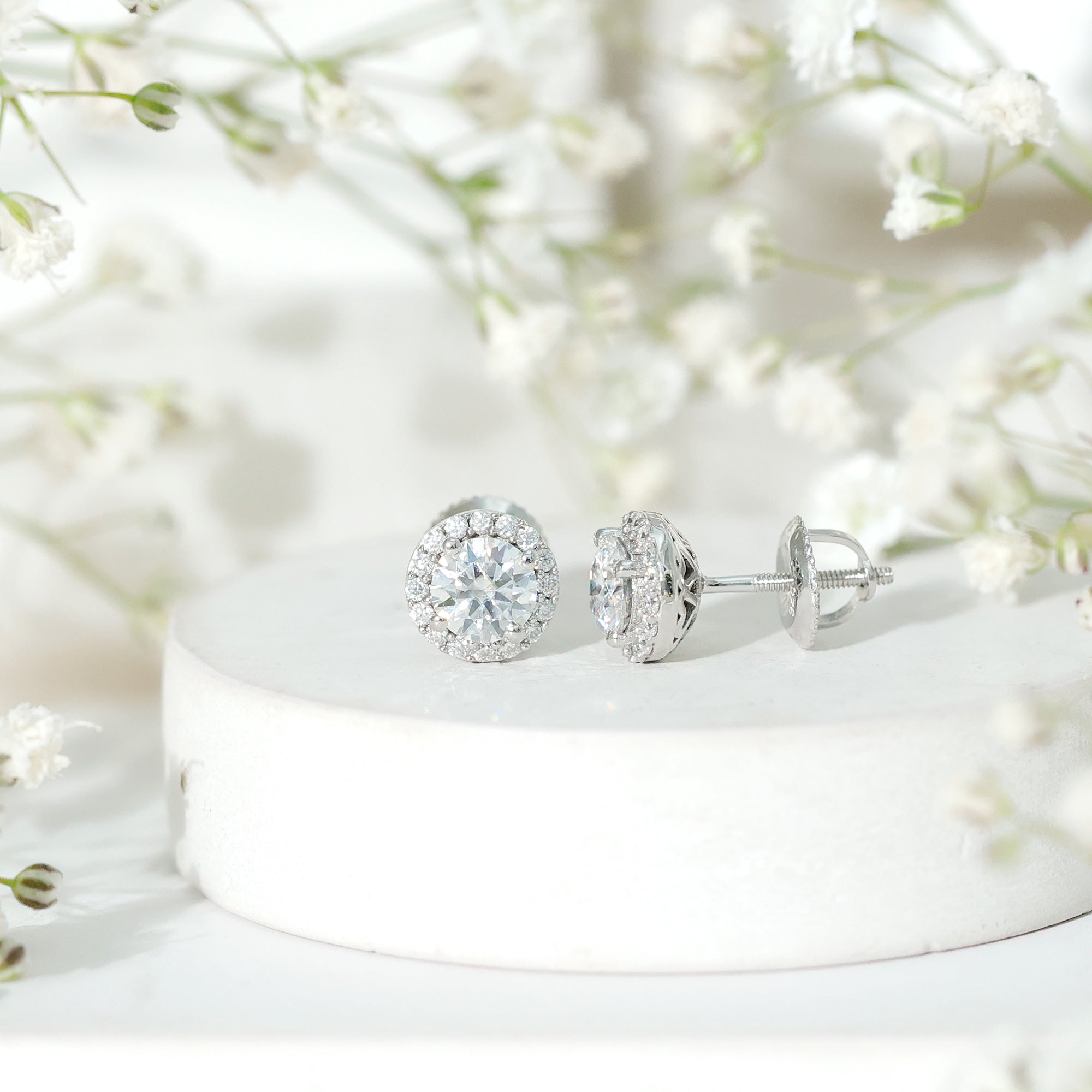 Certified 1 Carat Round Moissanite Classic Stud Earrings in Silver D-VS1 92.5 Sterling Silver - Rosec Jewels