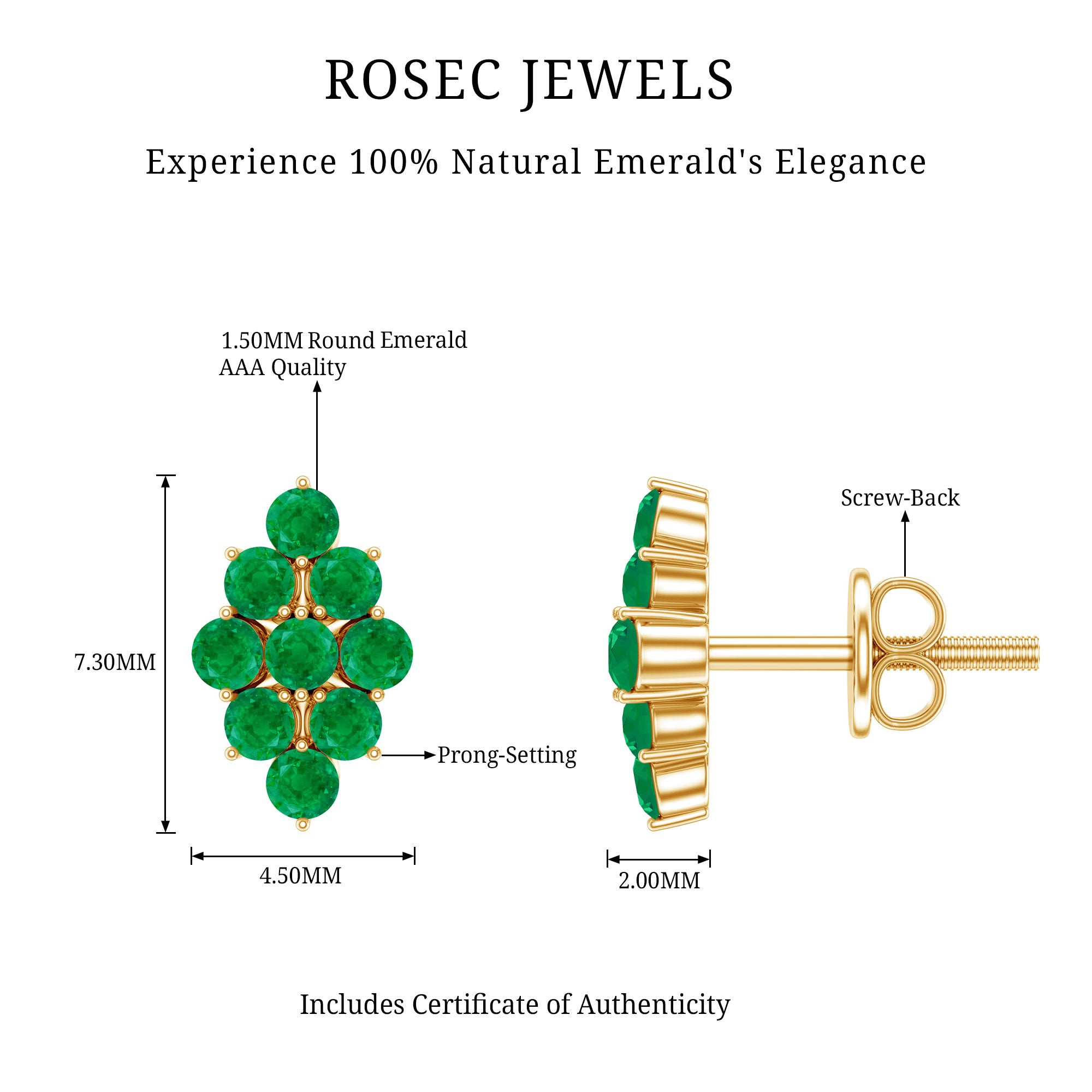 Natural Round Emerald Cluster Stud Earrings With Screw Back AAA - Rosec Jewels