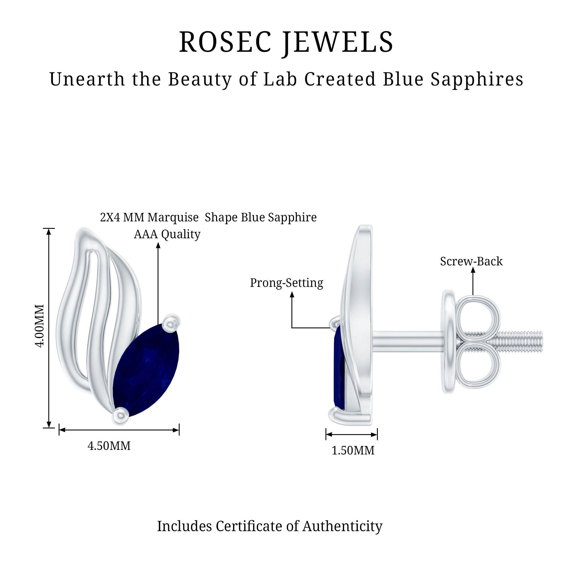 Genuine Marquise Cut Blue Sapphire Leaf Stud Earrings in Silver AAA 92.5 Sterling Silver - Rosec Jewels