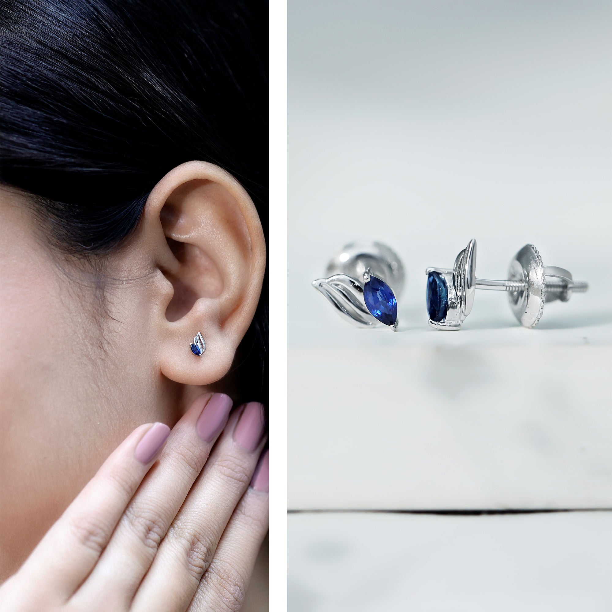 Genuine Marquise Cut Blue Sapphire Leaf Stud Earrings in Silver AAA 92.5 Sterling Silver - Rosec Jewels