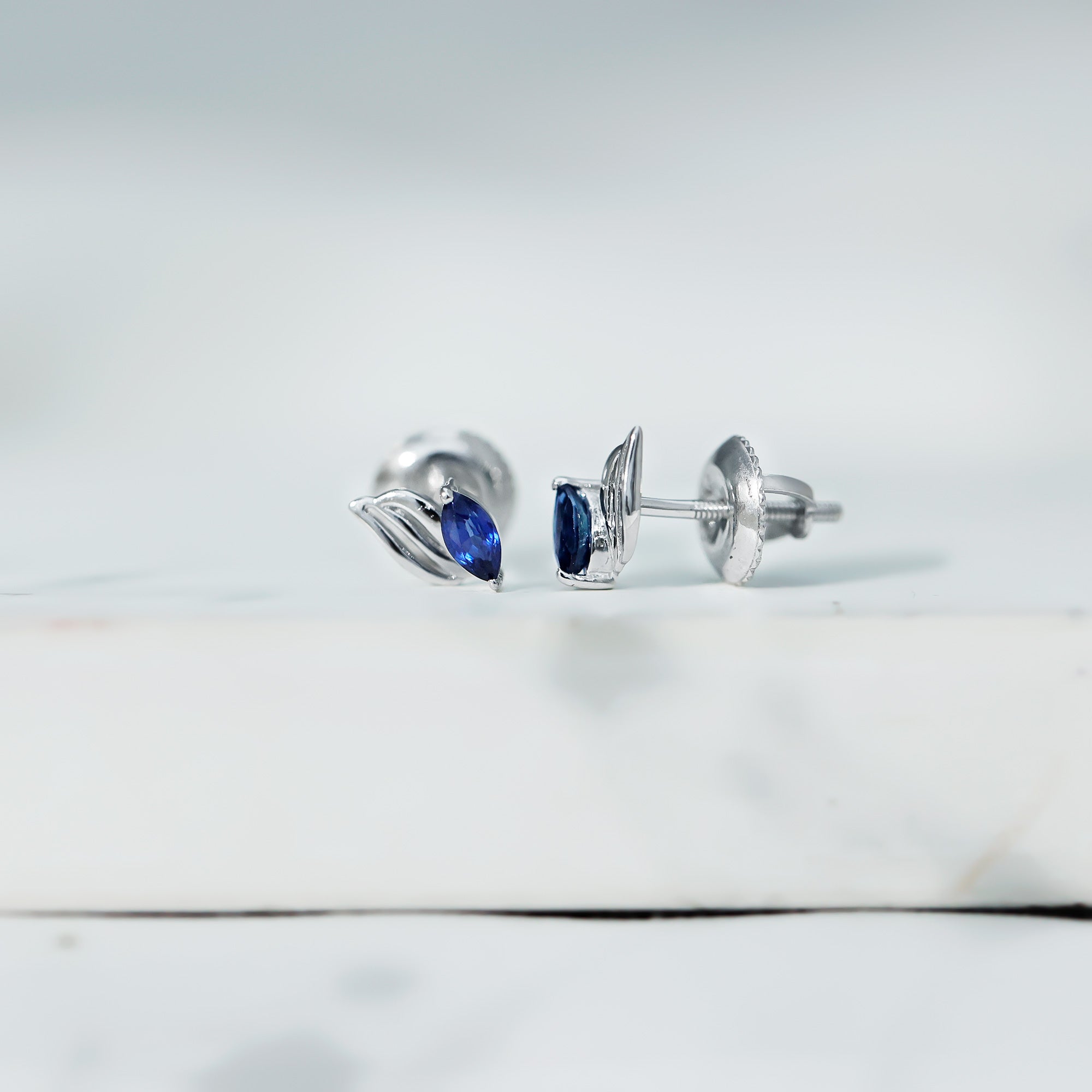 Genuine Marquise Cut Blue Sapphire Leaf Stud Earrings in Silver AAA 92.5 Sterling Silver - Rosec Jewels
